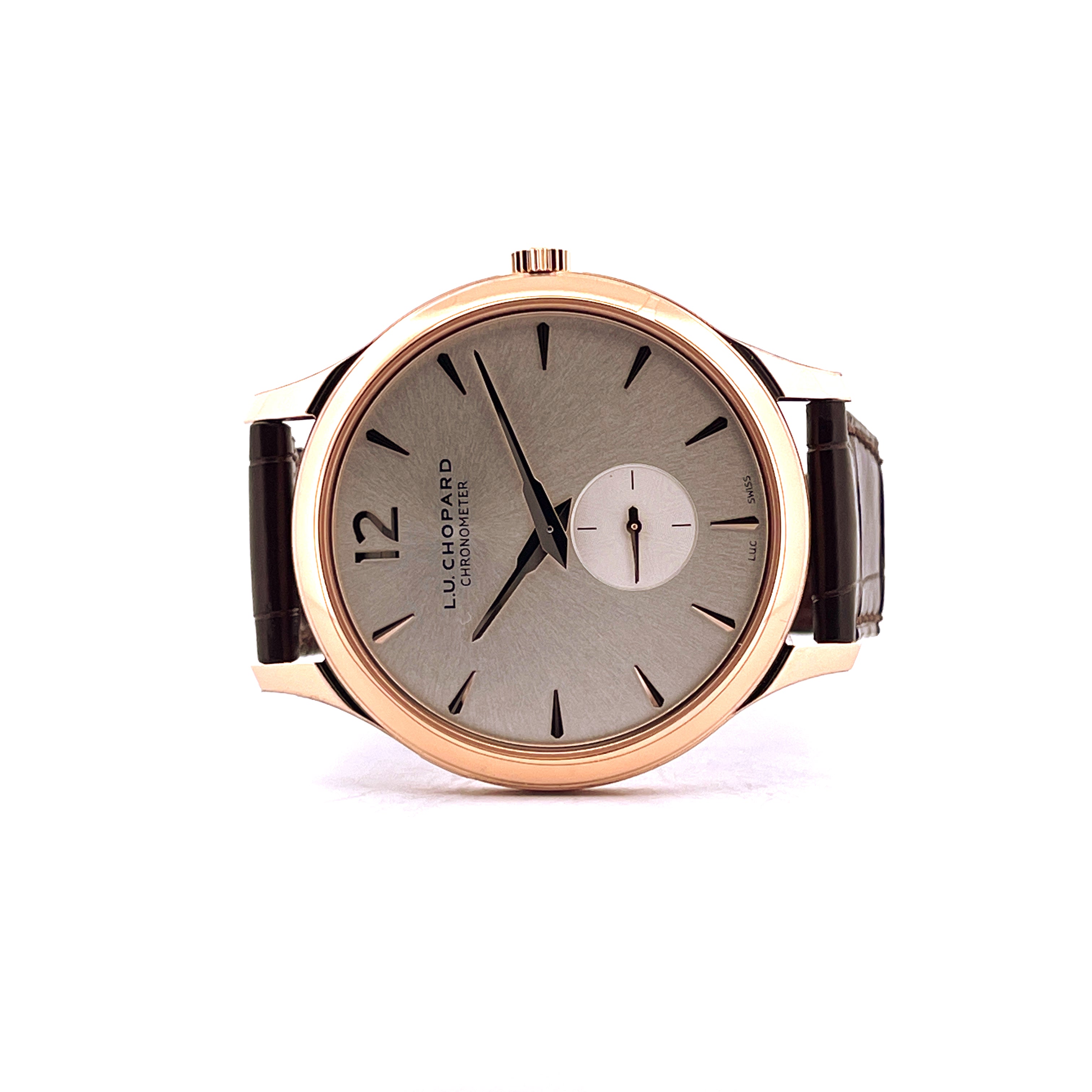 Chopard XPS L.U.C Roségold mit grauem Zifferblatt und braunem Lederband Frontansicht