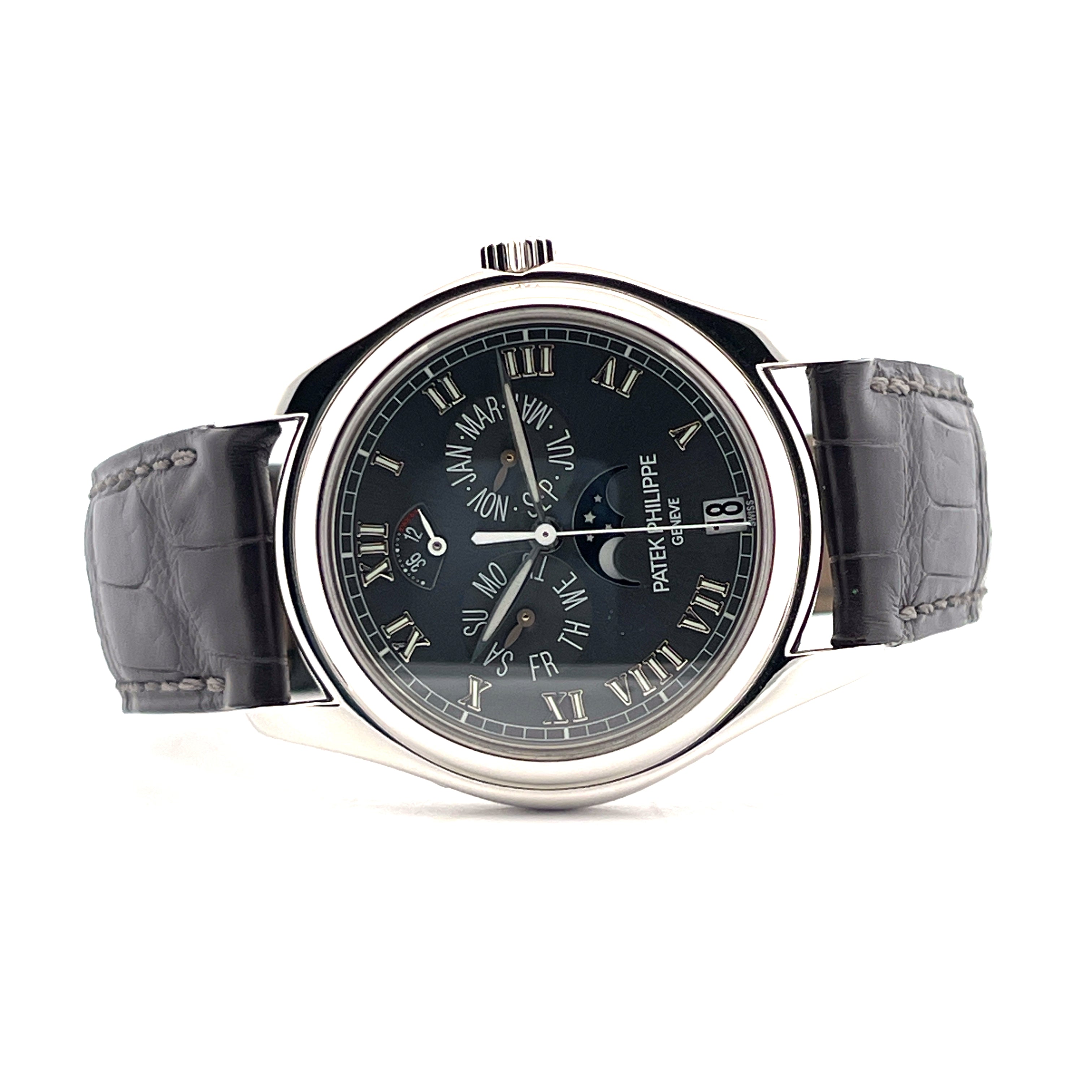 Patek Philippe Annual Calendar 5056P mit Platingehäuse, grauem Lederarmband und Mondphasenanzeige