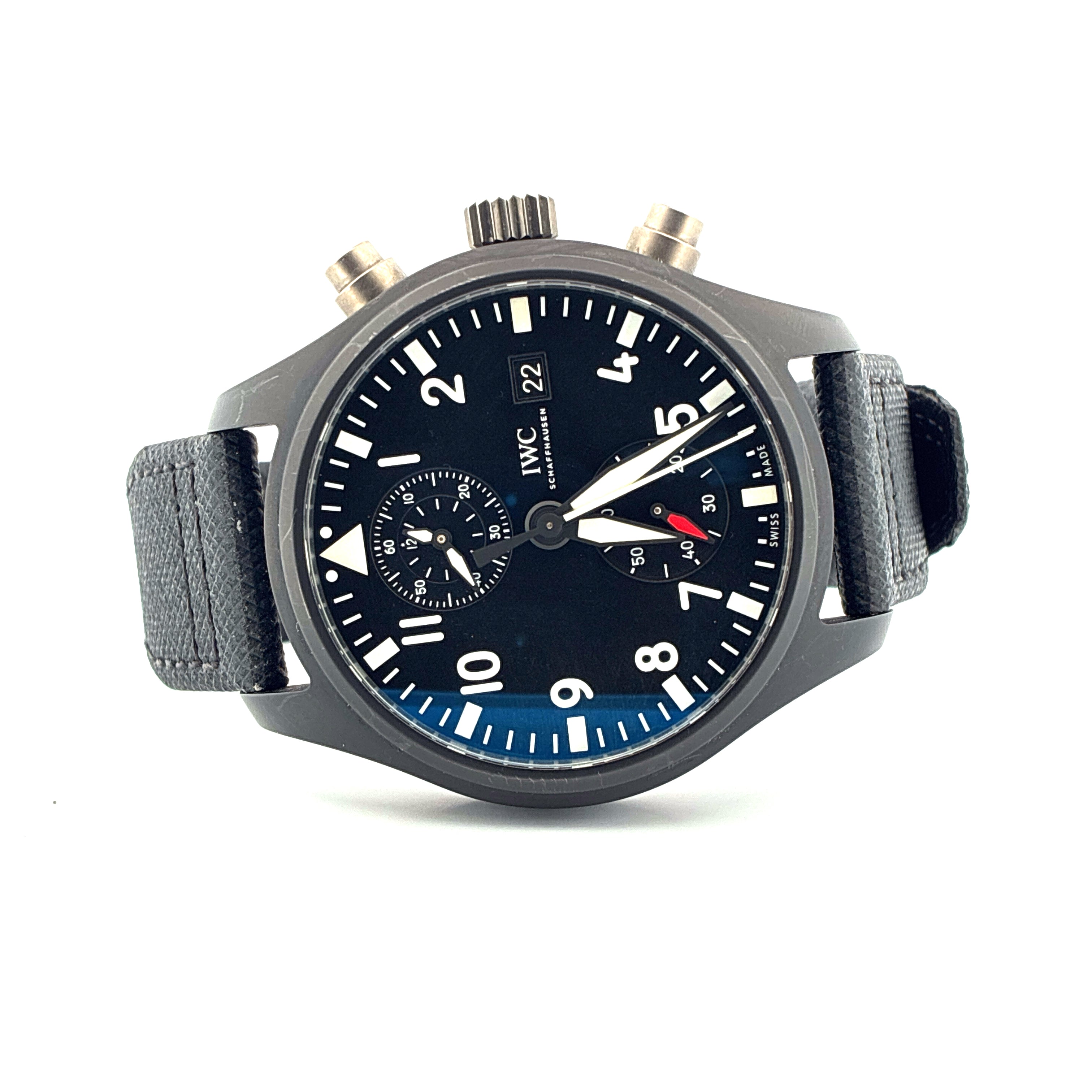 IWC Fliegeruhr Chronograph Top Gun Keramik neuwertig mit schwarzem Armband und weißem Zifferblatt