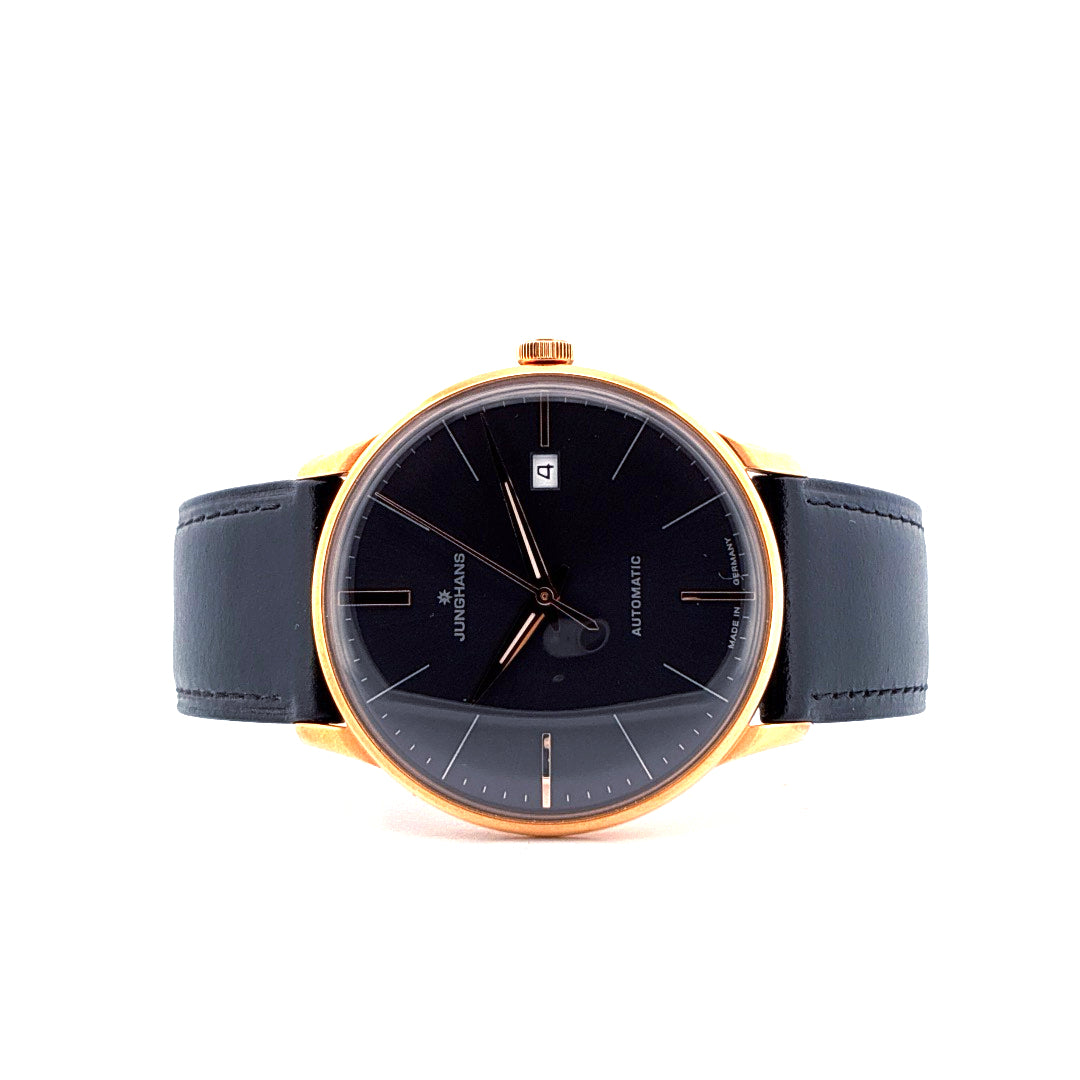 Junghans Meister Damen Unworn mit schwarzem Zifferblatt, Roségolduhrgehäuse, Automatik-Werk und schwarzem Lederarmband