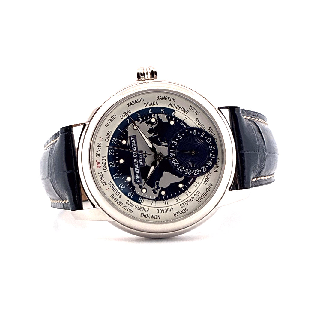 Frederique Constant Classic Manufacture Worldtimer Limited Edition mit Weltkarten-Zifferblatt und schwarzem Lederarmband