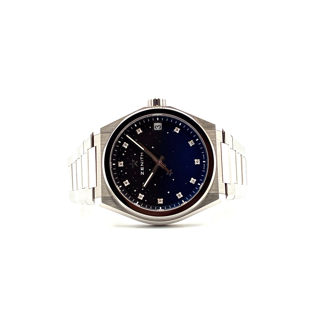 Zenith Defy Midnight 36mm Automatikuhr mit blau-schwarzem Sternenhimmel-Zifferblatt und Diamantindizes