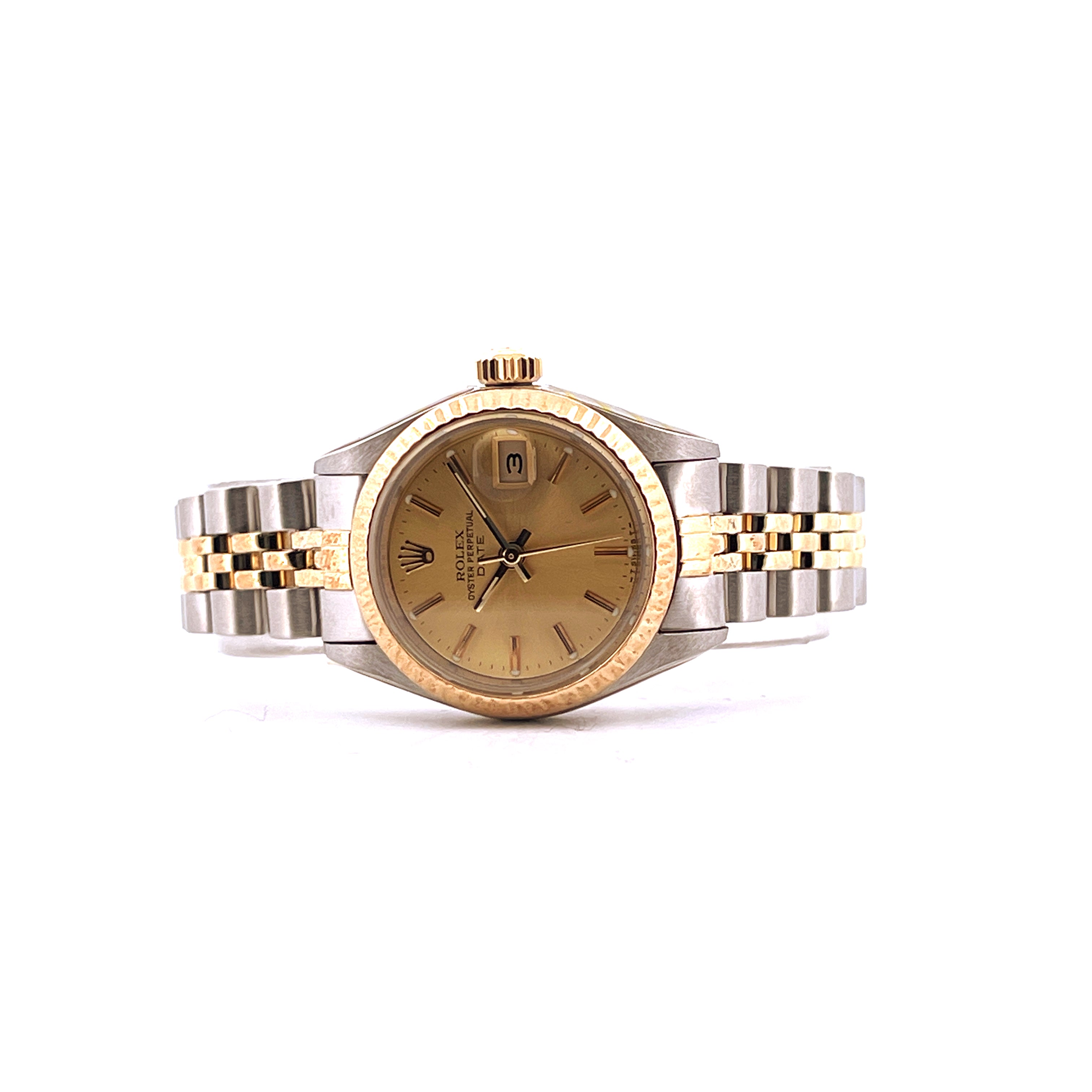Rolex Lady-Datejust 26 mm aus Stahl und Gold mit goldenem Zifferblatt im Frontalansicht