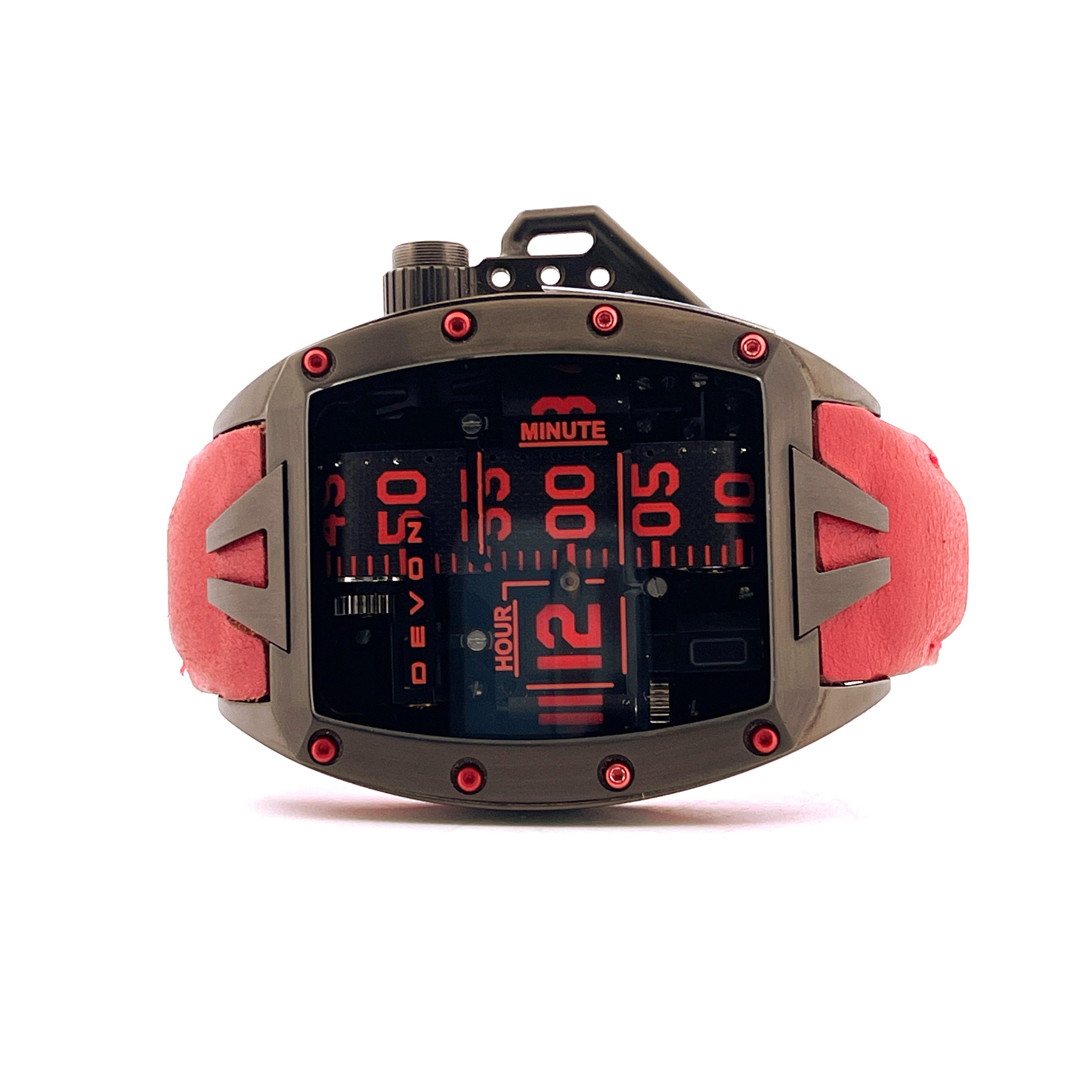 Devon Tread 2 RedRum mit rotem Armband und schwarzen Gehäuse Frontansicht mit roten digitalen Ziffern