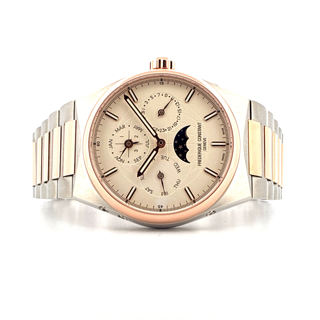 Frederique Constant Highlife Perpetual Calendar mit Stahl- und Goldgehäuse, silbernem Zifferblatt und Mondphasenanzeige