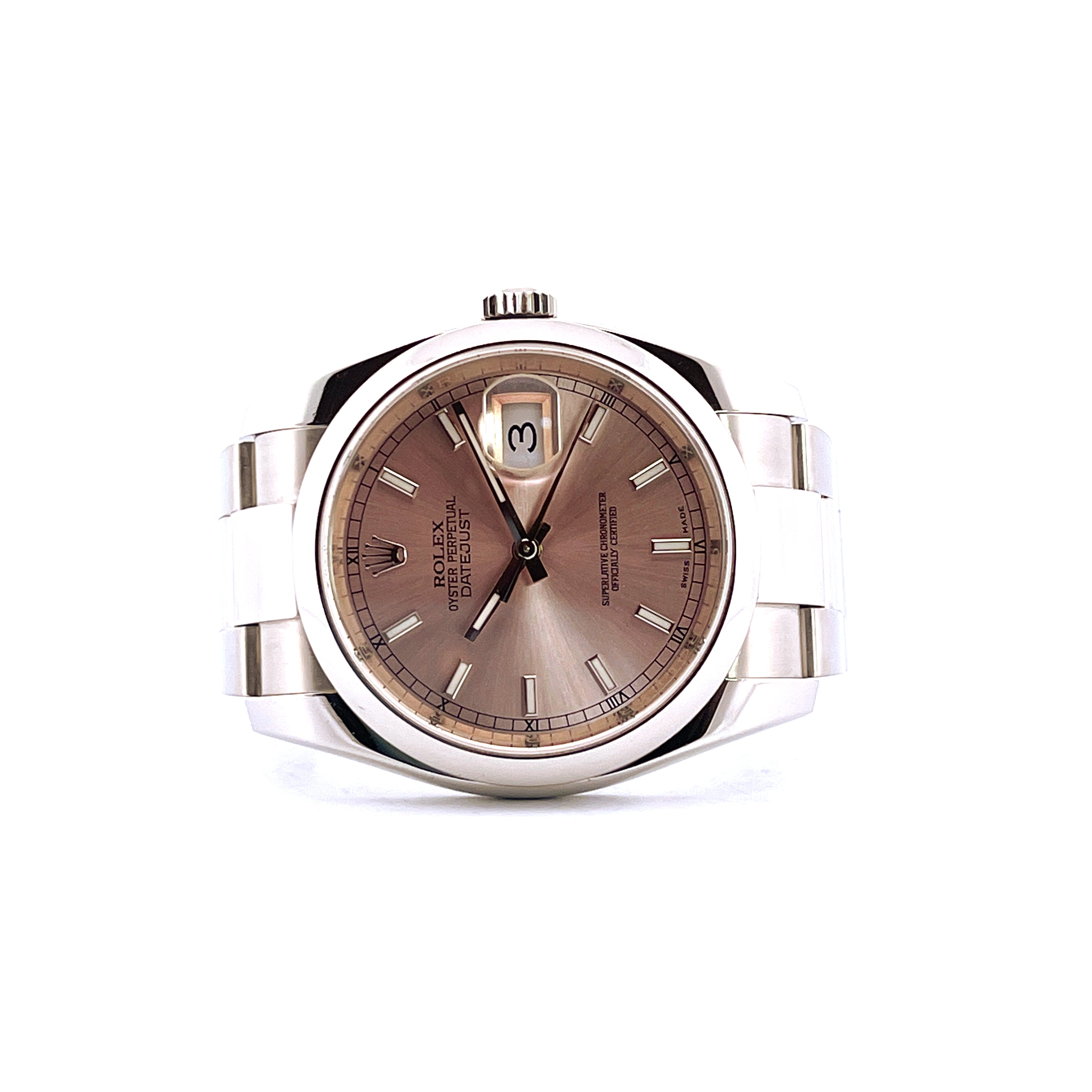 Rolex Datejust 36 Pink aus Stahl, Frontansicht, silbernes Armband und rosafarbenes Zifferblatt