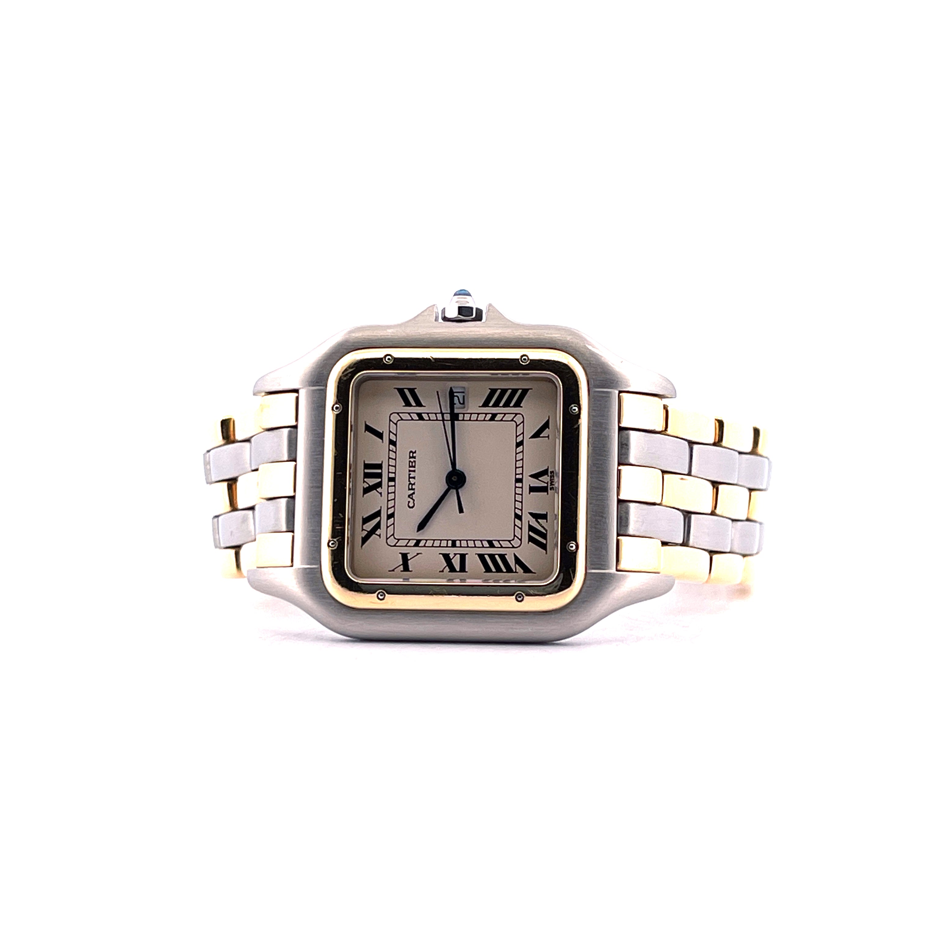 Eine Cartier Panthere Jumbo Vintage Uhr aus Edelstahl mit bicolor Armband vor weißem Hintergrund