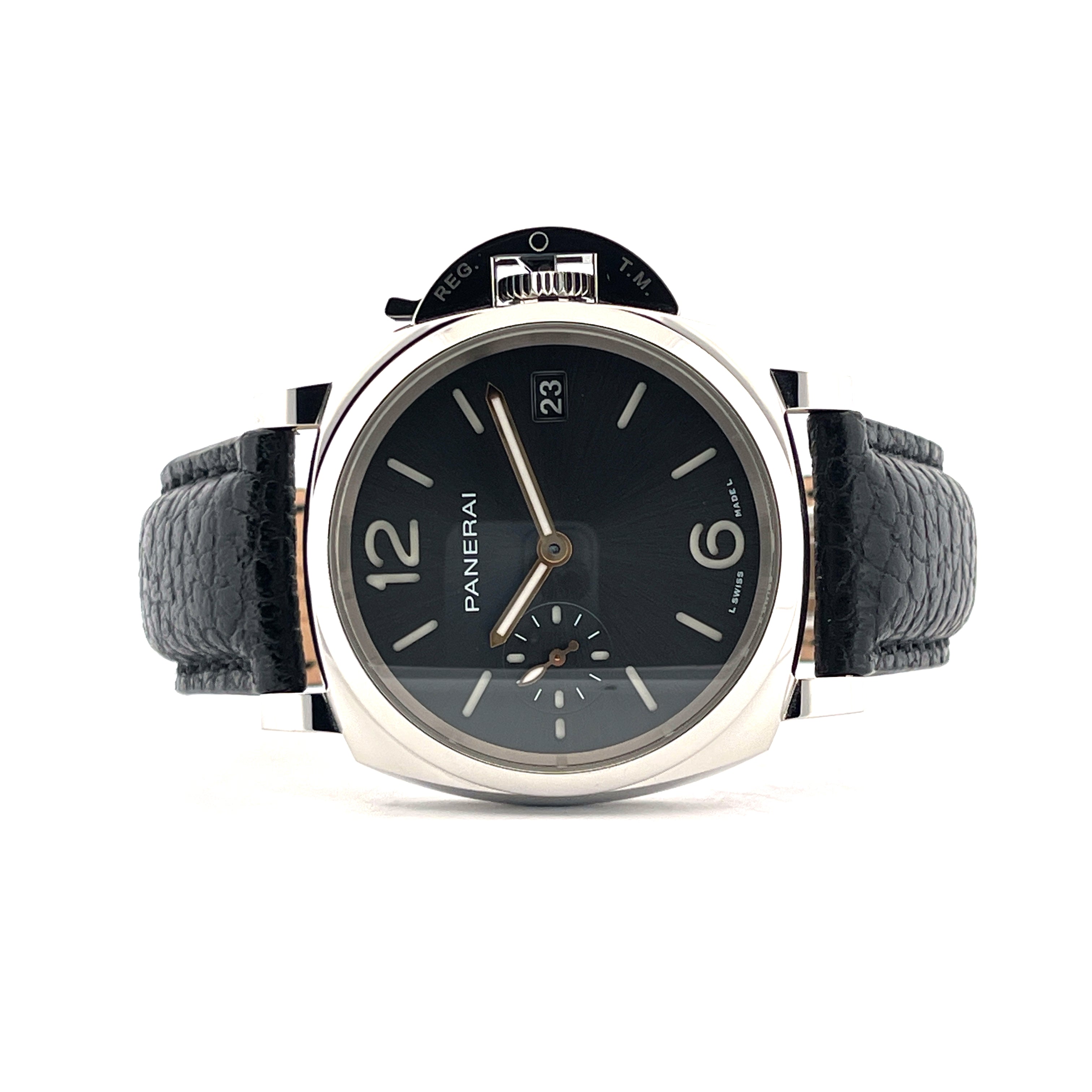 Panerai Luminor Due 38 mm aus Edelstahl mit schwarzem Lederarmband und Datumsanzeige