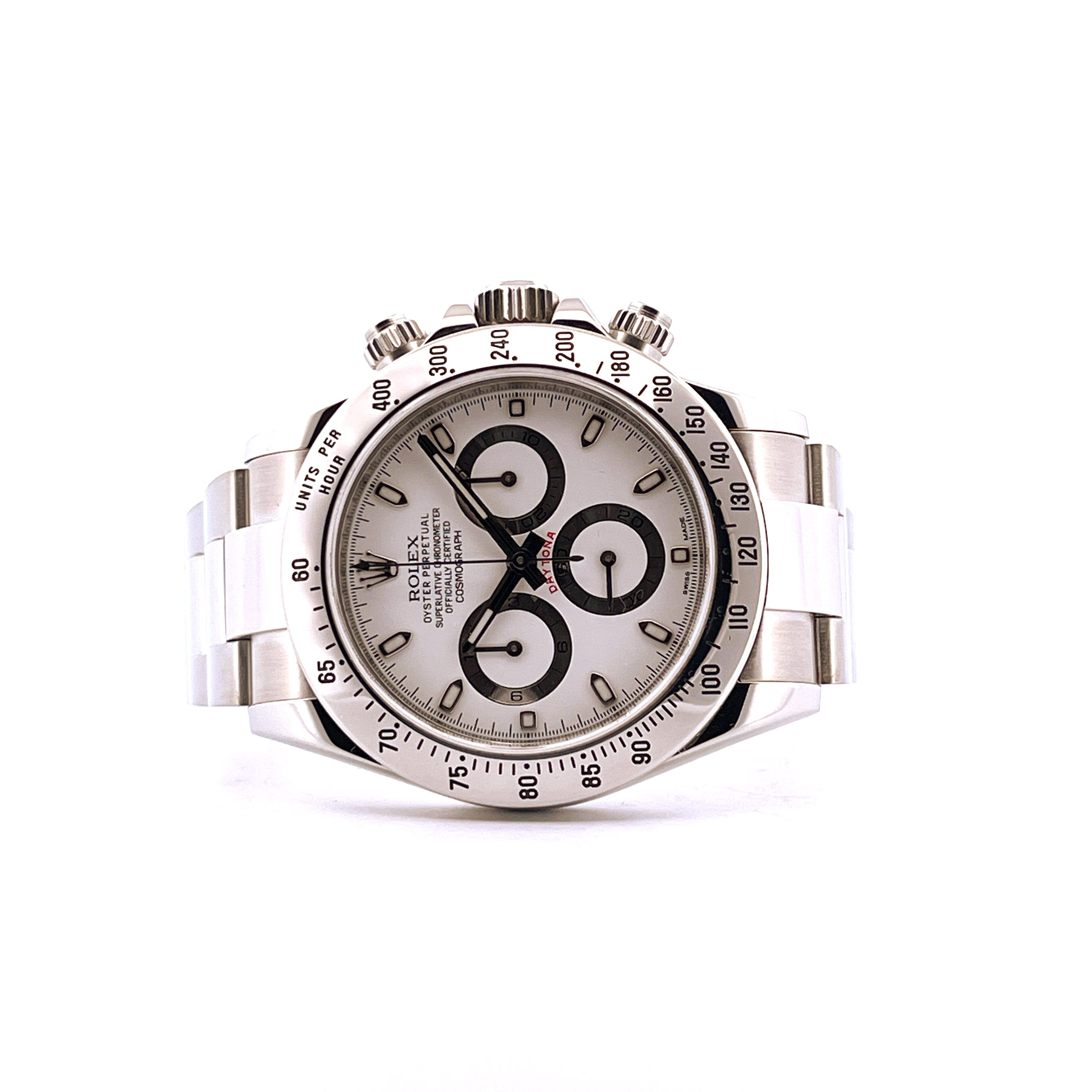 Rolex Daytona 116520 White Automatik in Frontansicht auf weißem Hintergrund