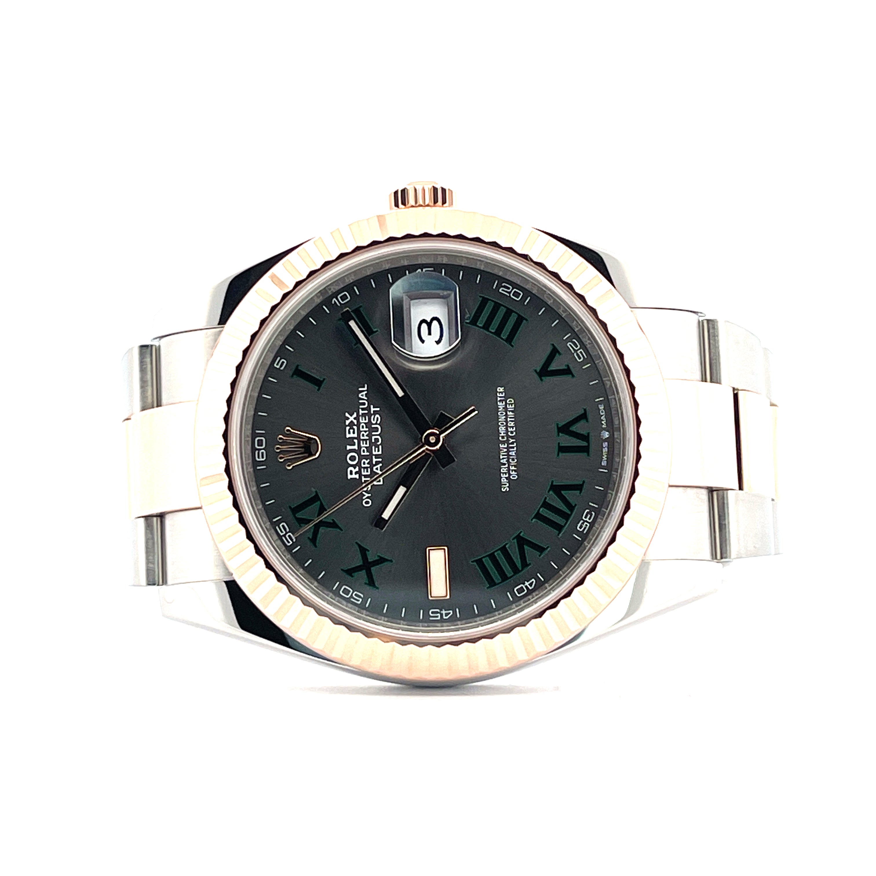 Rolex Datejust 41 Wimbledon Stahl & Gold Automatik mit Datumsanzeige und römischen Ziffern auf grauem Zifferblatt mit weiß…