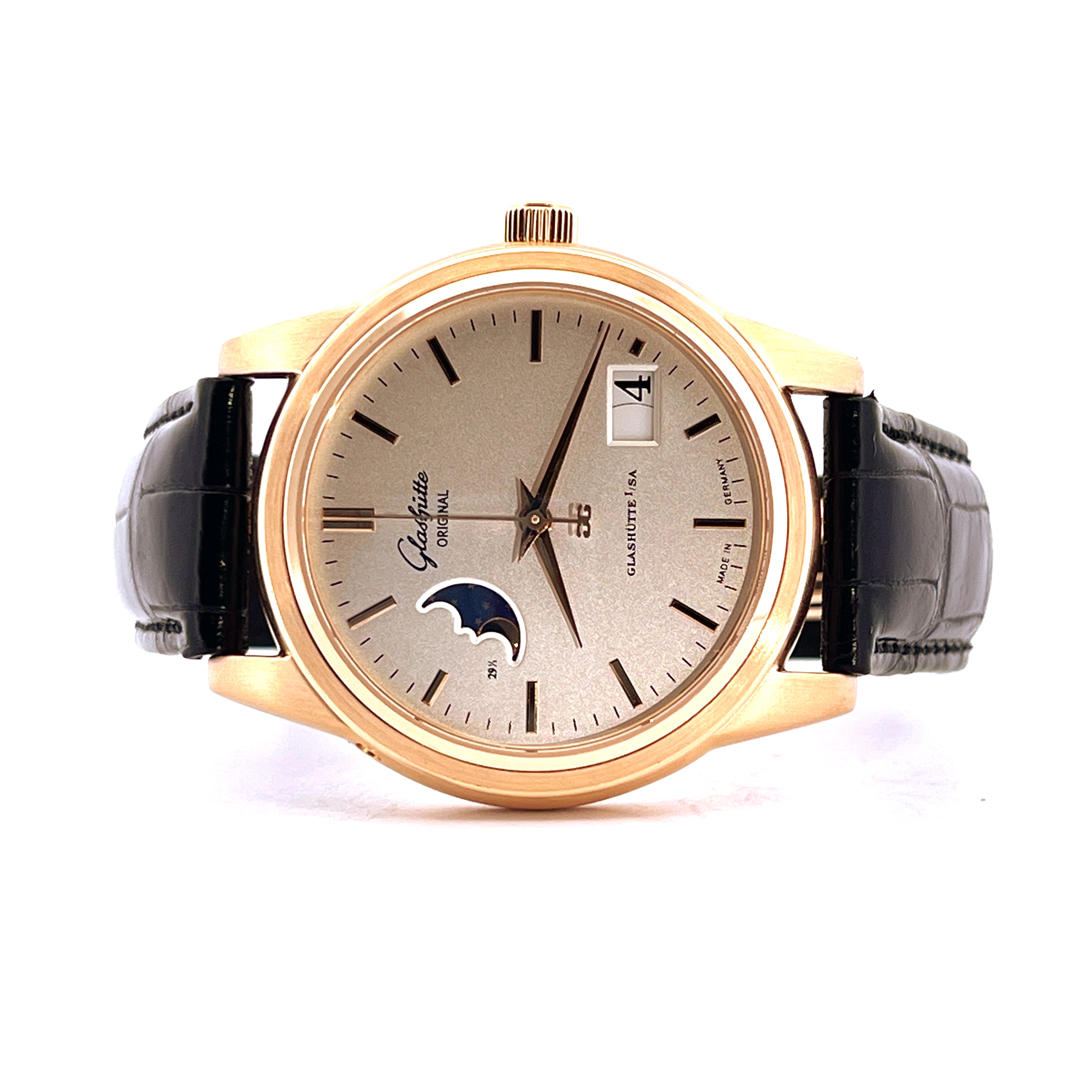 Glashütte Original Senator Moonphase, Roségold-Uhr mit grauem Zifferblatt und Mondphasenanzeige