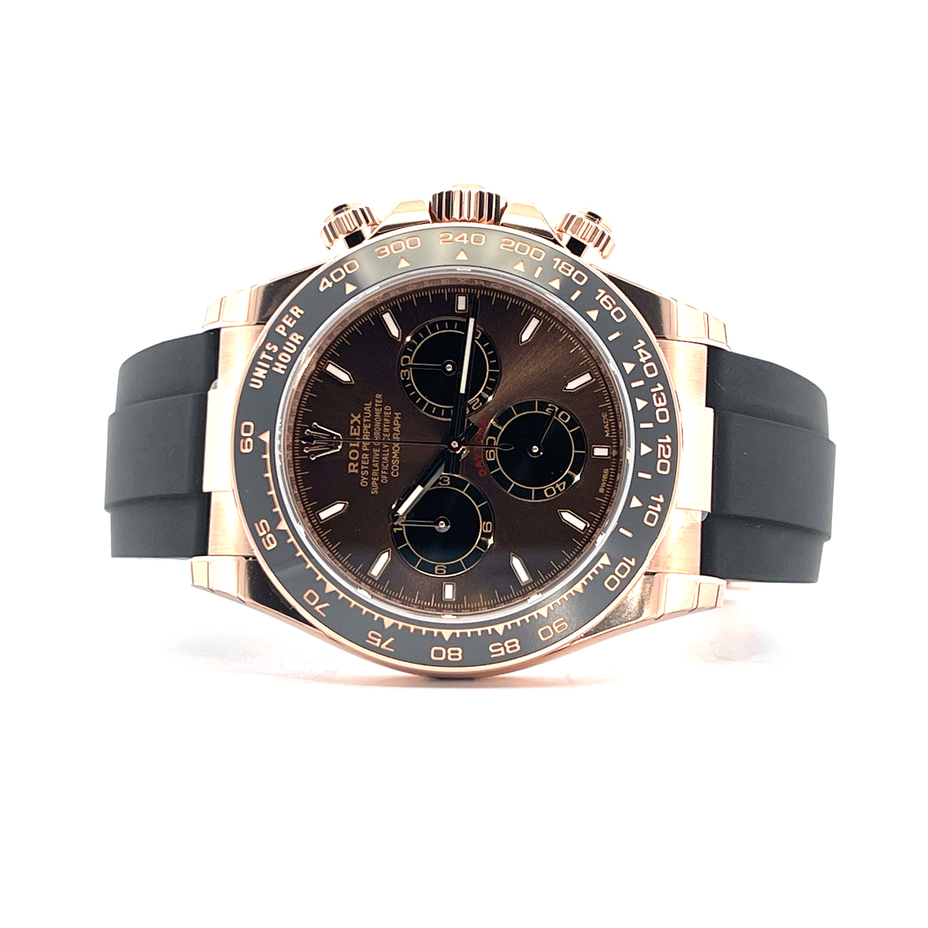 Rolex Cosmograph Daytona Roségold mit braunem Zifferblatt und schwarzem Kautschukband