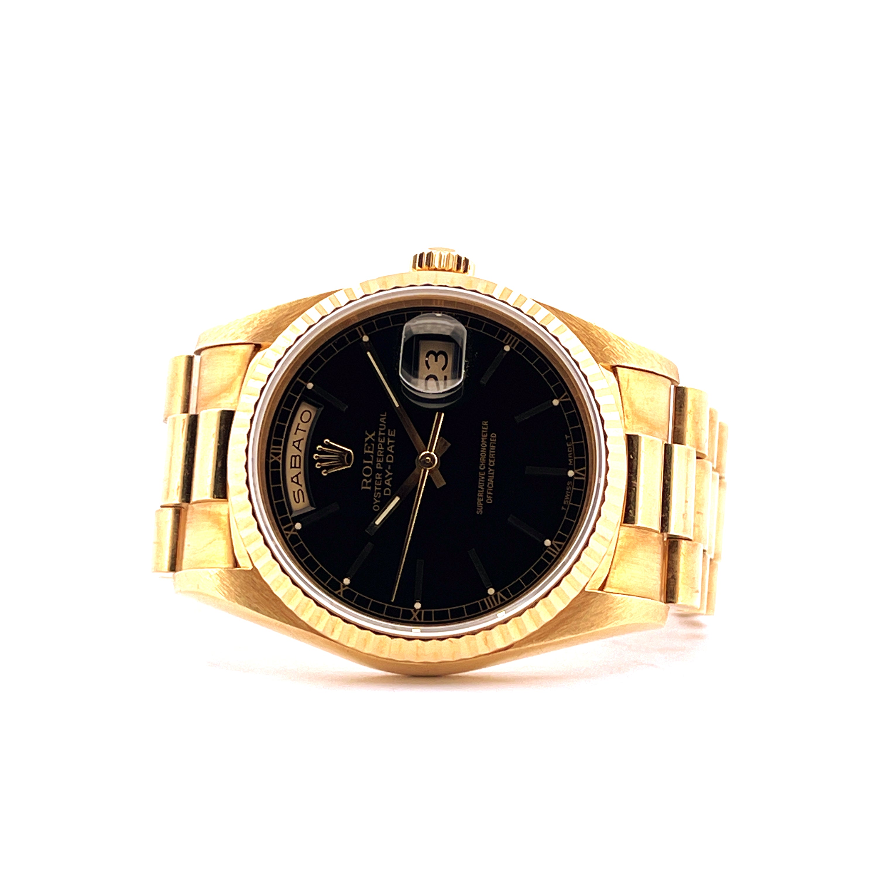 Rolex Day-Date 36 Ref. 18238 Italy Black, Gelbgoldgehäuse und Armband, schwarzes Zifferblatt, Frontansicht