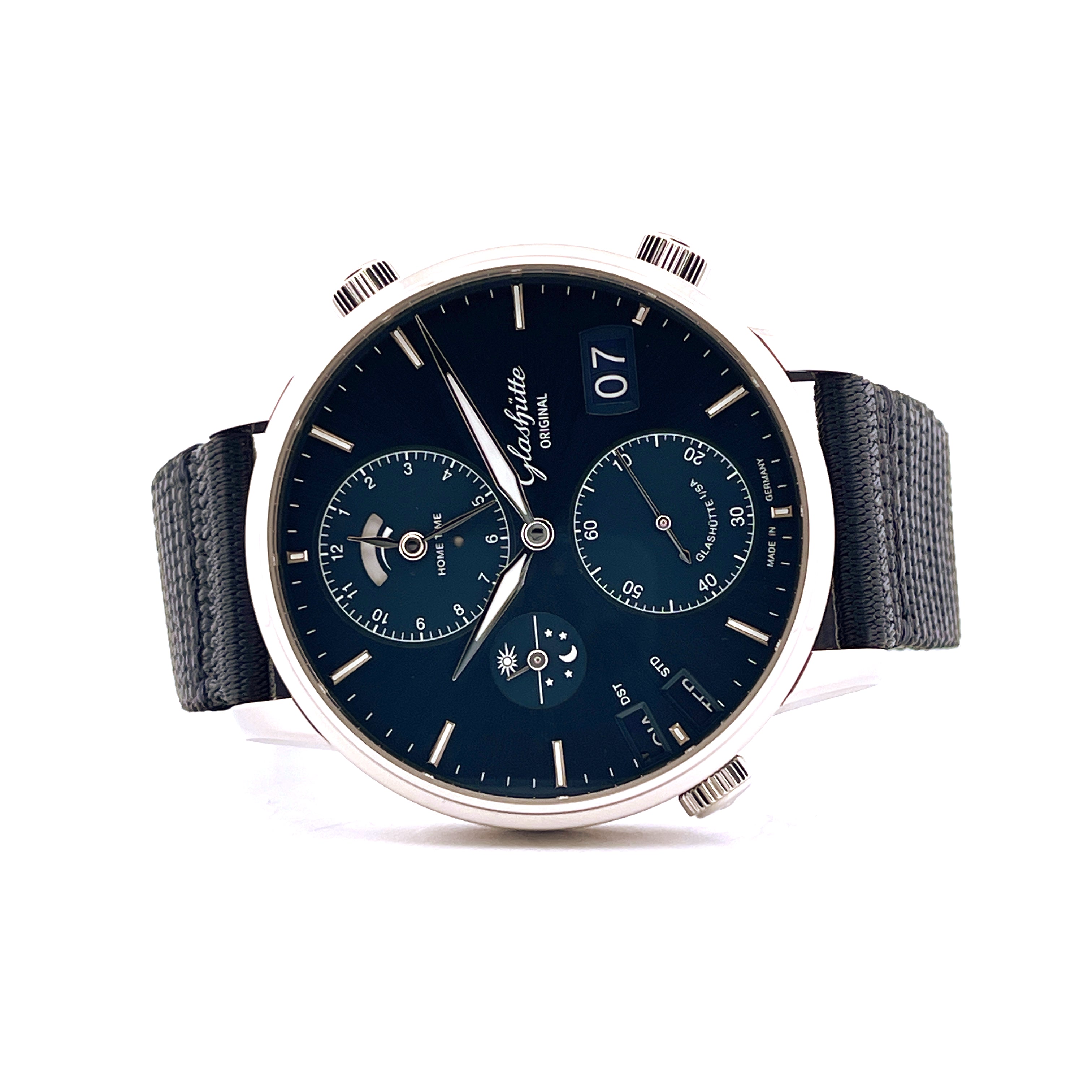 Glashütte Original Senator Cosmopolite 44mm Edelstahl mit dunkelblauem Zifferblatt und grauem Band