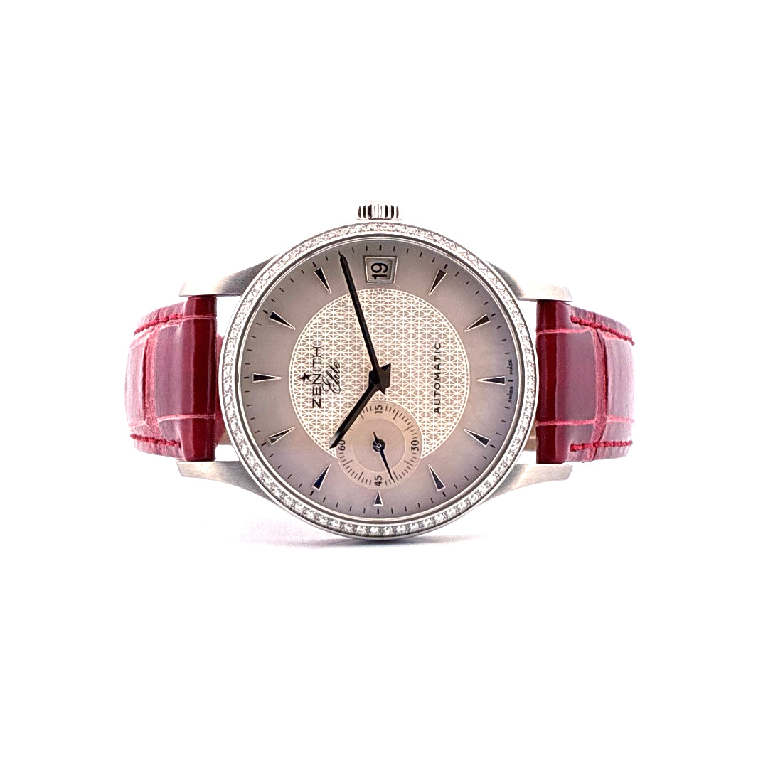 Zenith Class Elite Automatic Diamond 33mm Damenuhr mit rotem Lederarmband und Datumsanzeige