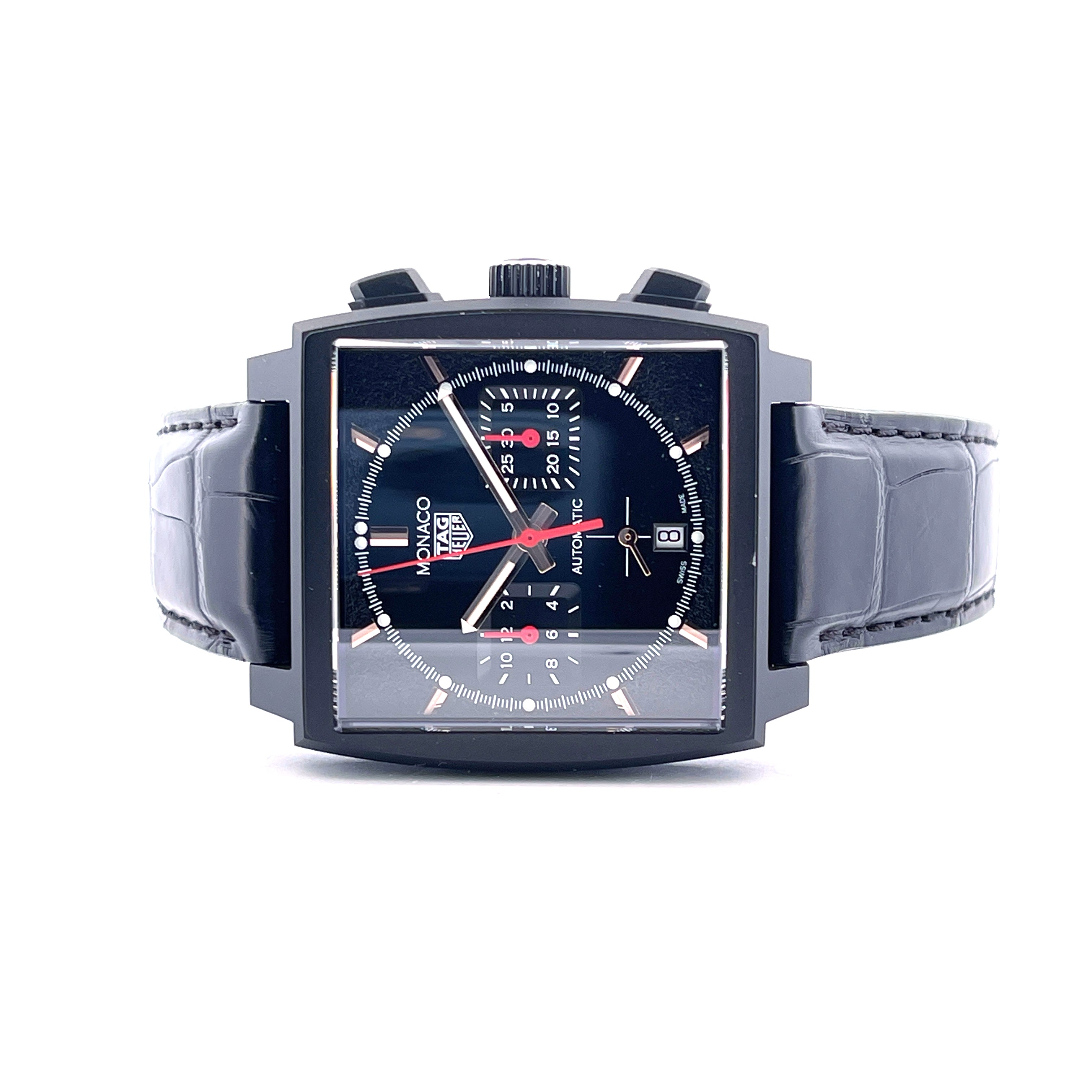 Tag Heuer Monaco "Dark Lord" Titan / Service 2026 / very good Condition / 20cm wrist size, Vorderansicht mit Zifferblatt, Krone und Drückern vor weißem Hintergrund