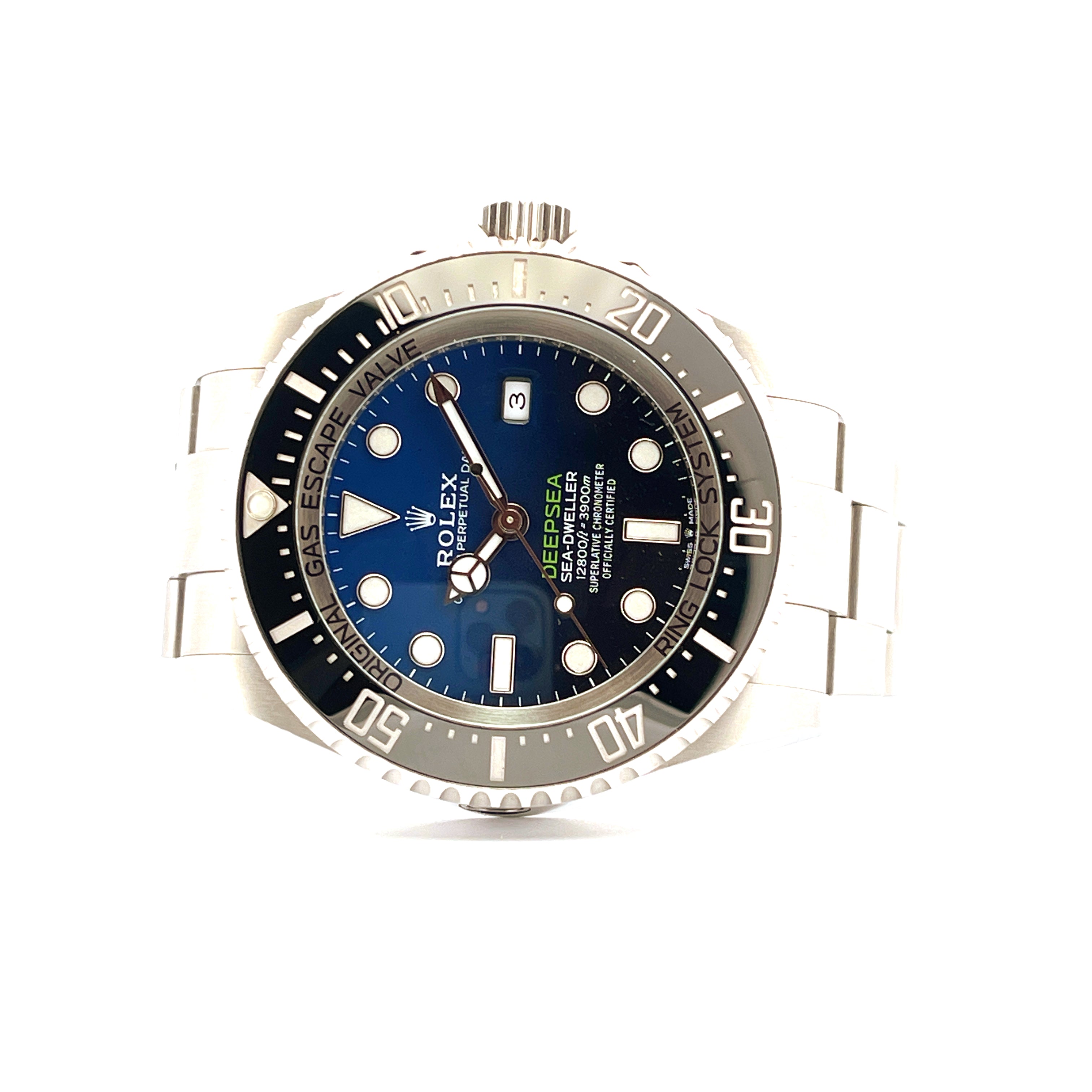 Rolex Sea-Dweller Deepsea 44mm Stahl Automatik blaues Zifferblatt mit Stahlband Frontansicht