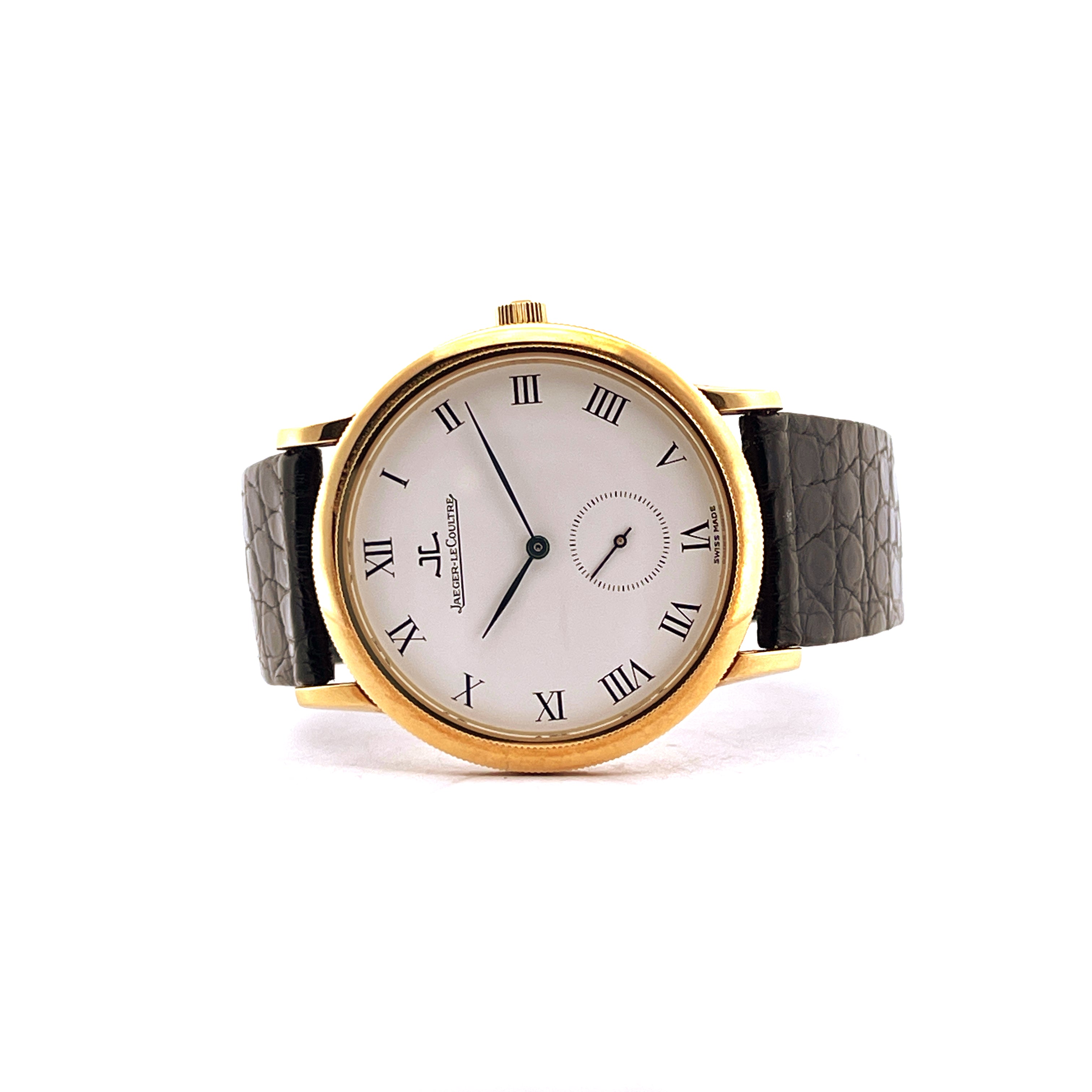Jaeger-LeCoultre Gentilhomme 18k Gelbgold Herrenuhr mit weißem Zifferblatt und Lederarmband