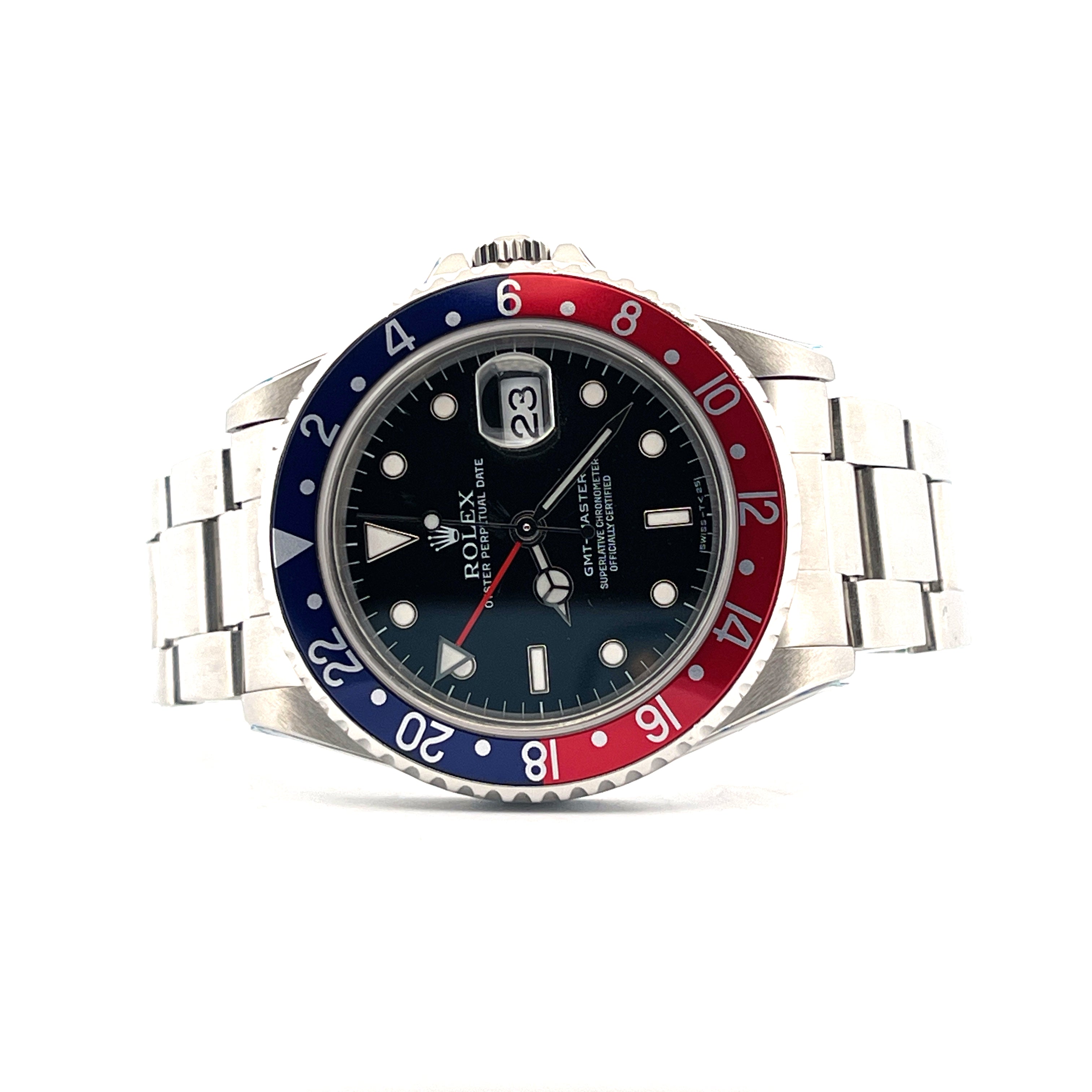 Rolex GMT-Master Pepsi 16700 im direkten frontalen Blick auf weißem Hintergrund