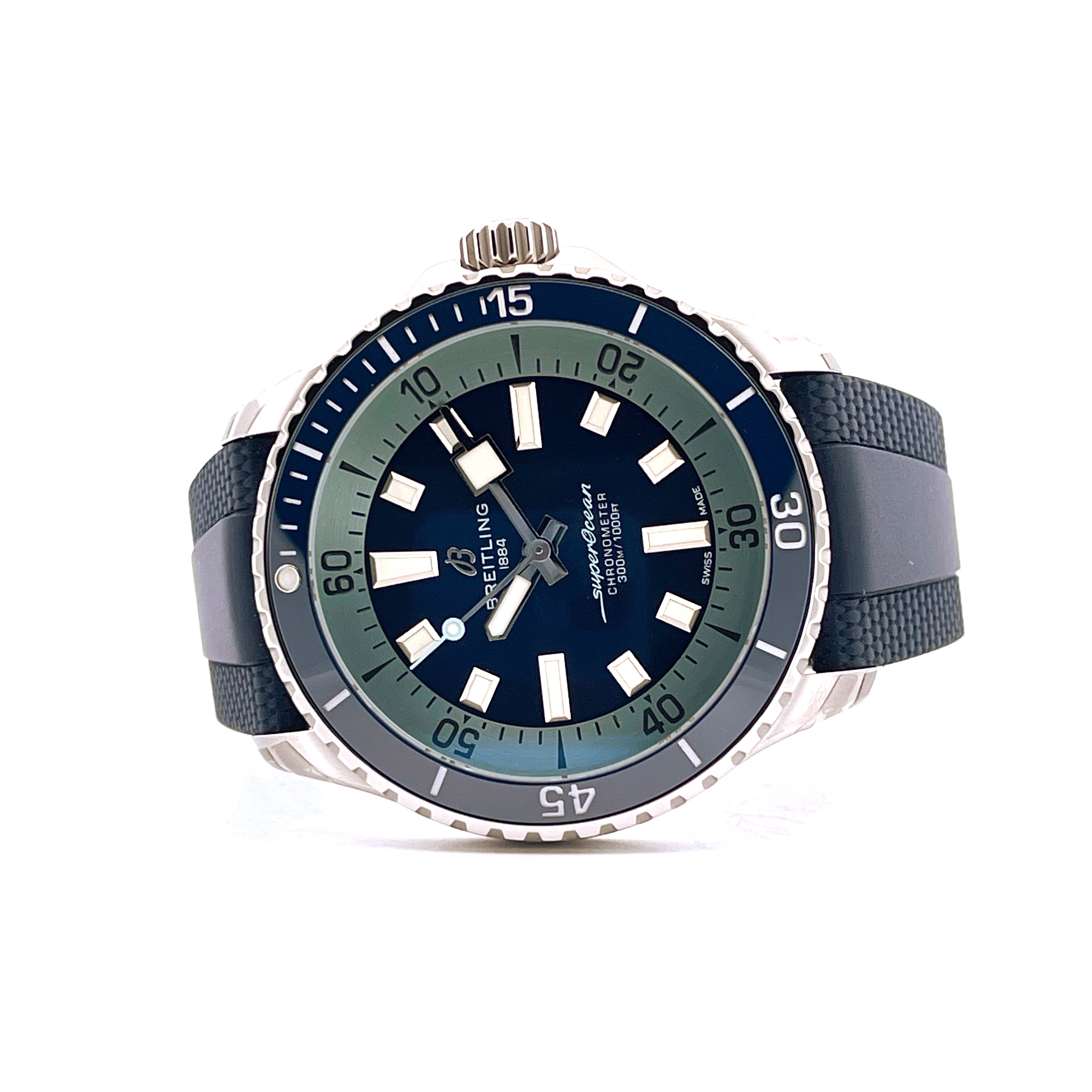 Breitling Superocean Automatic 42 Sylt Edition Stahluhr mit blauem Zifferblatt und schwarzem Kautschukarmband