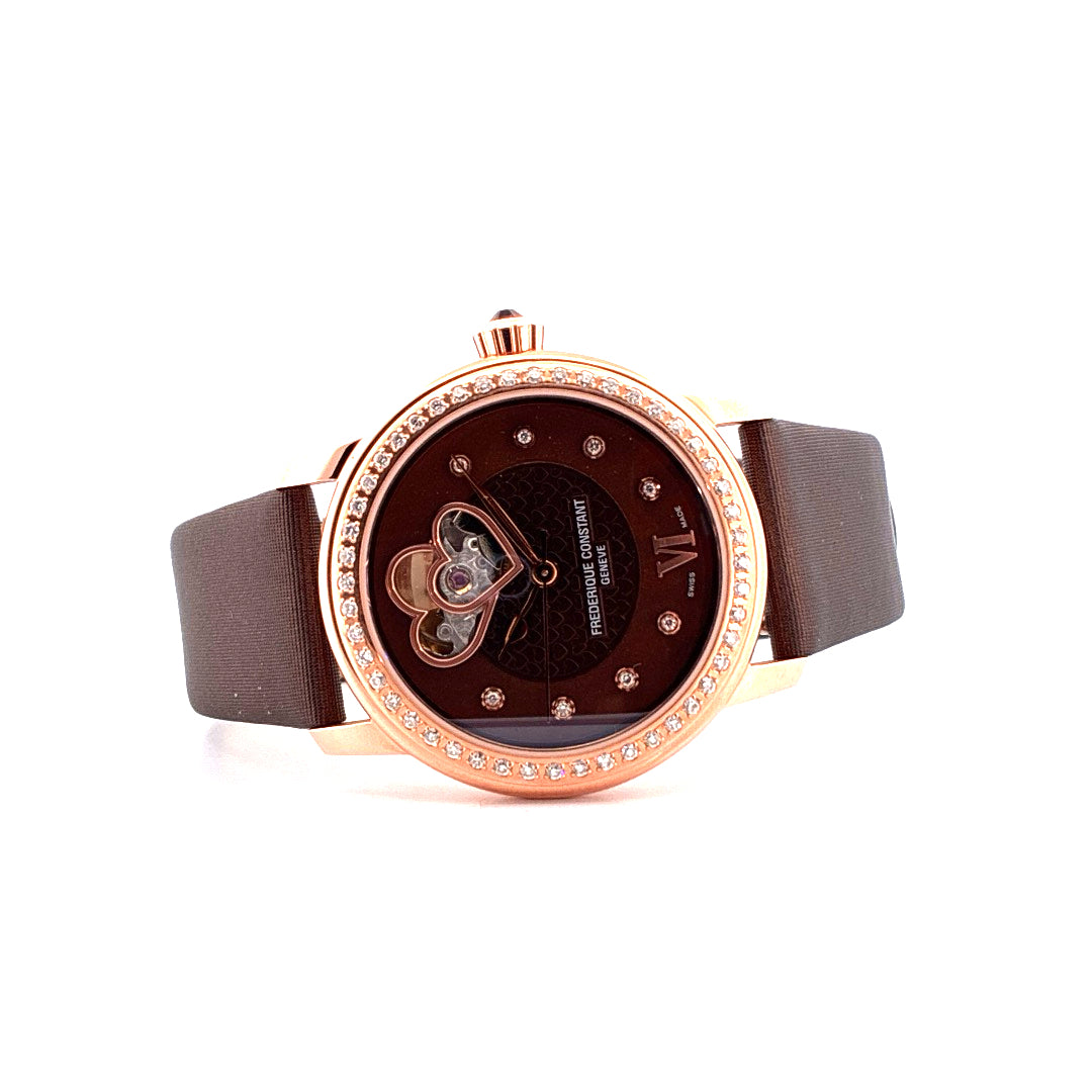 Frederique Constant Heart Beat Damenuhr Roségold plattiert braunes Zifferblatt und Armband neu