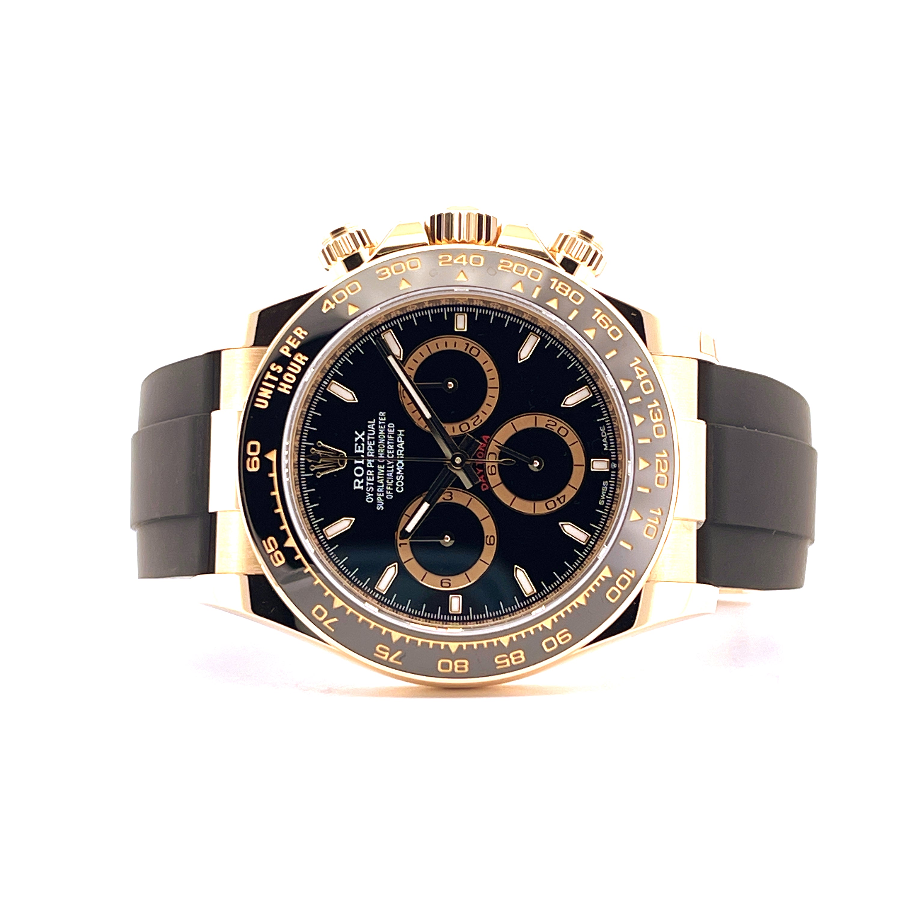 Rolex Daytona Gold Oysterflex 126518LN: Frontalansicht einer Golduhr mit schwarzem Zifferblatt