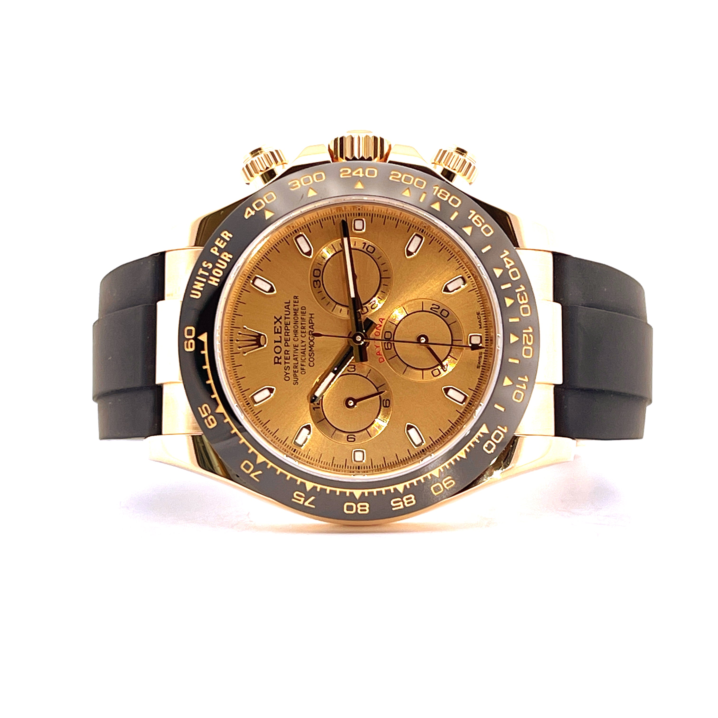 Rolex Daytona 116518LN Gold Oysterflex von vorne mit goldenem Zifferblatt und schwarzem Armband