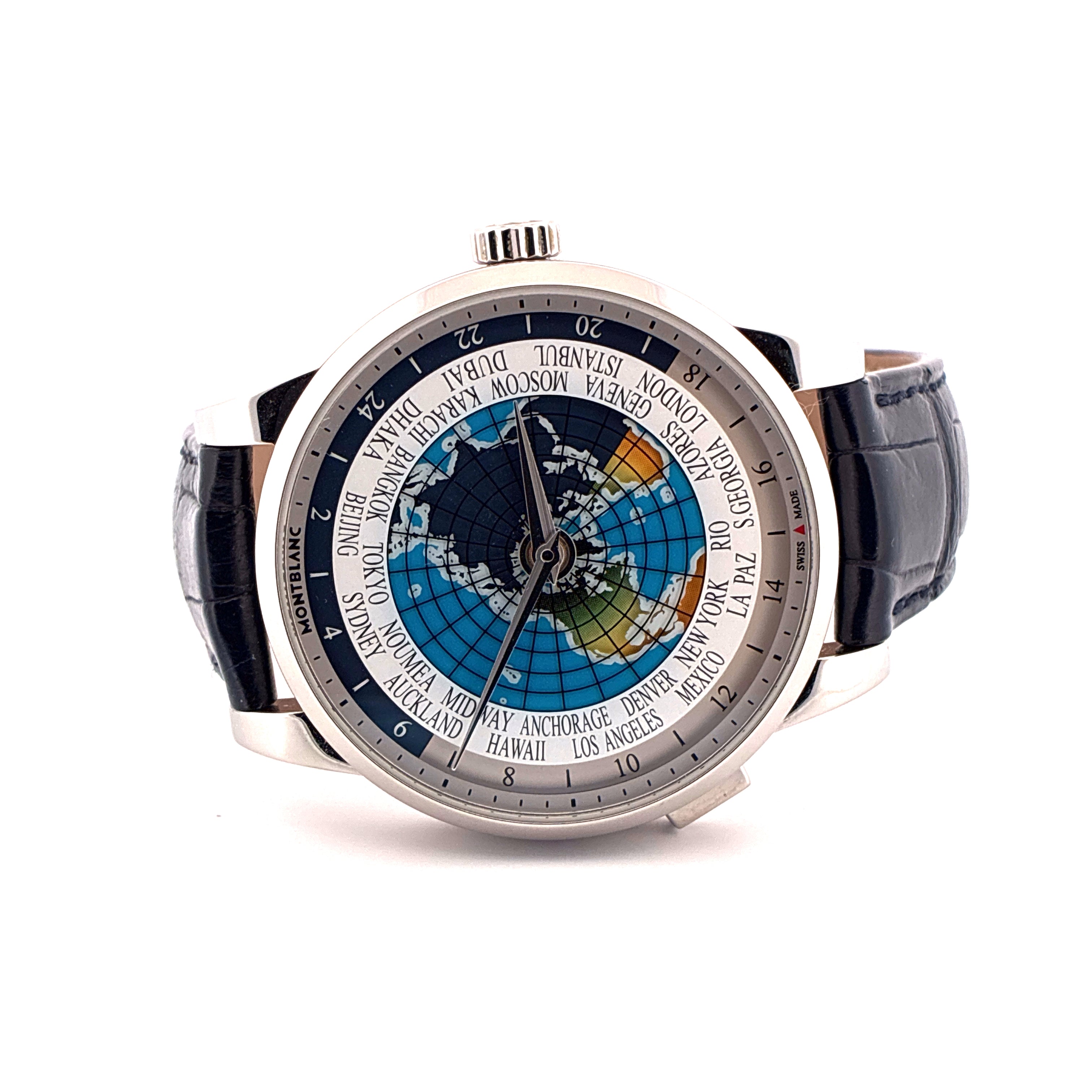 Montblanc Heritage Spirit Orbis Terrarum Unicef, Weltzeit-Uhr mit Weltkarten-Zifferblatt und schwarzem Lederarmband