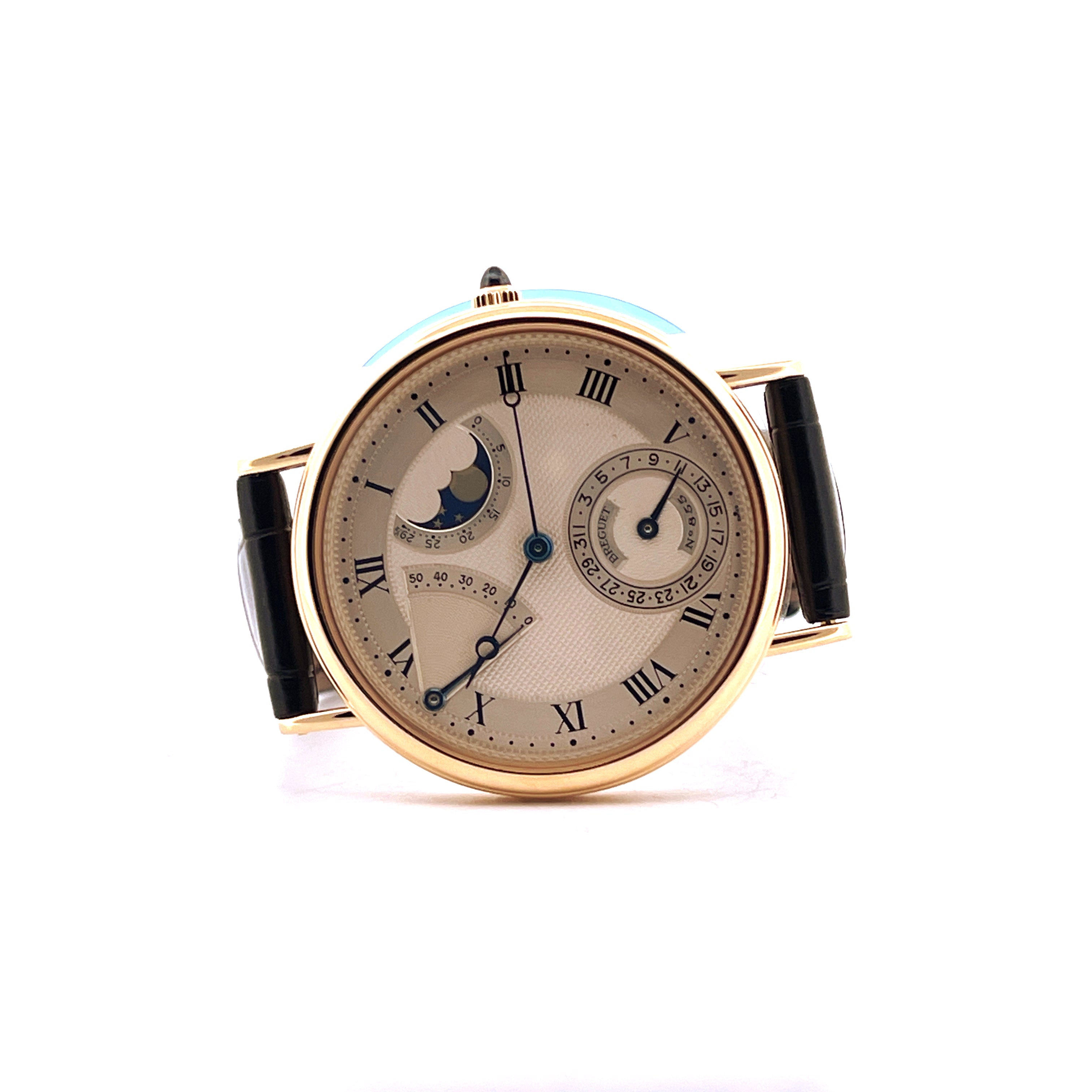 Breguet Classique Power Reserve Gelbgold Herrenuhr Frontansicht mit Mondphase und Gangreserveanzeige