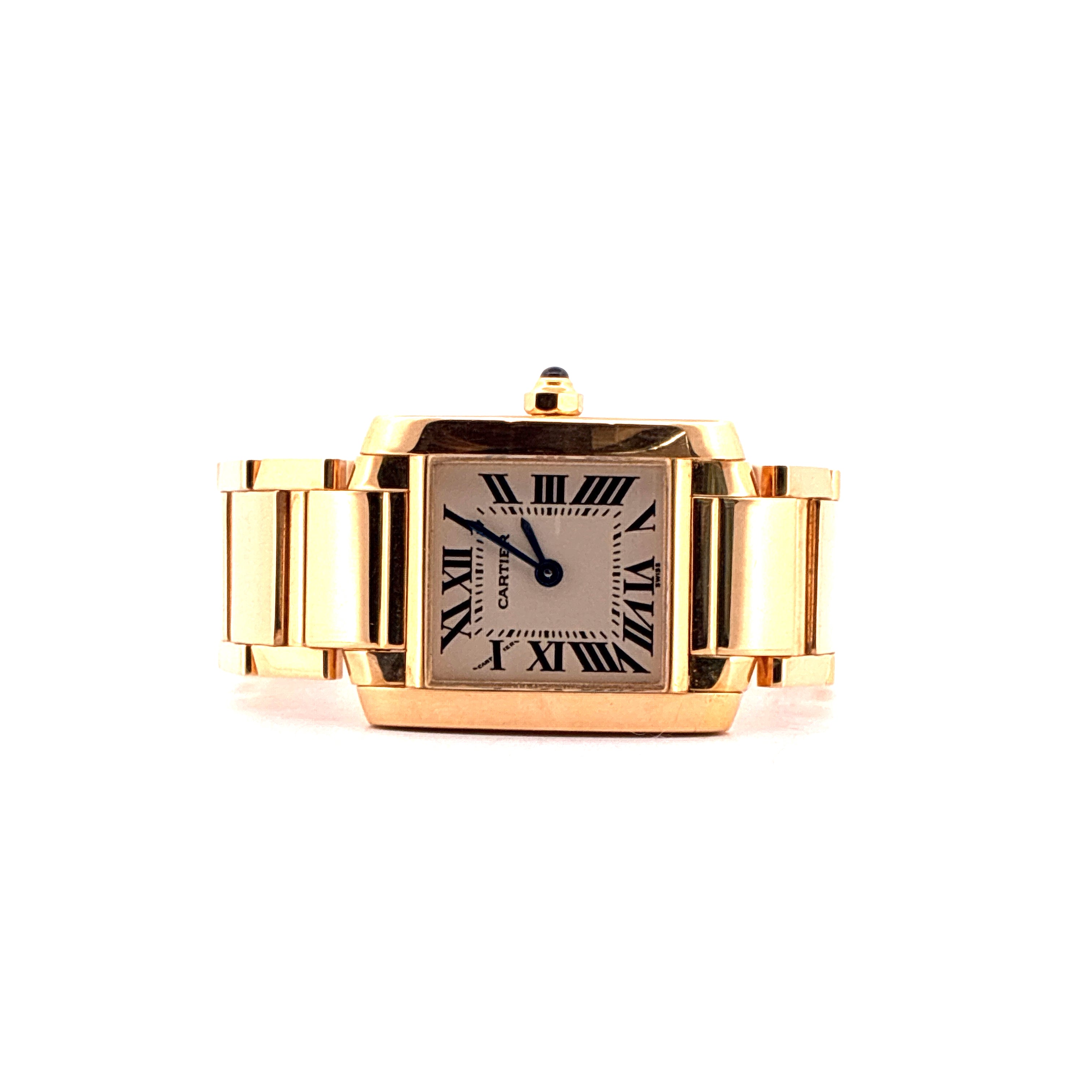 Cartier Tank Française Gelbgold Uhr mit römischen Ziffern auf hellem Zifferblatt und Gliederarmband