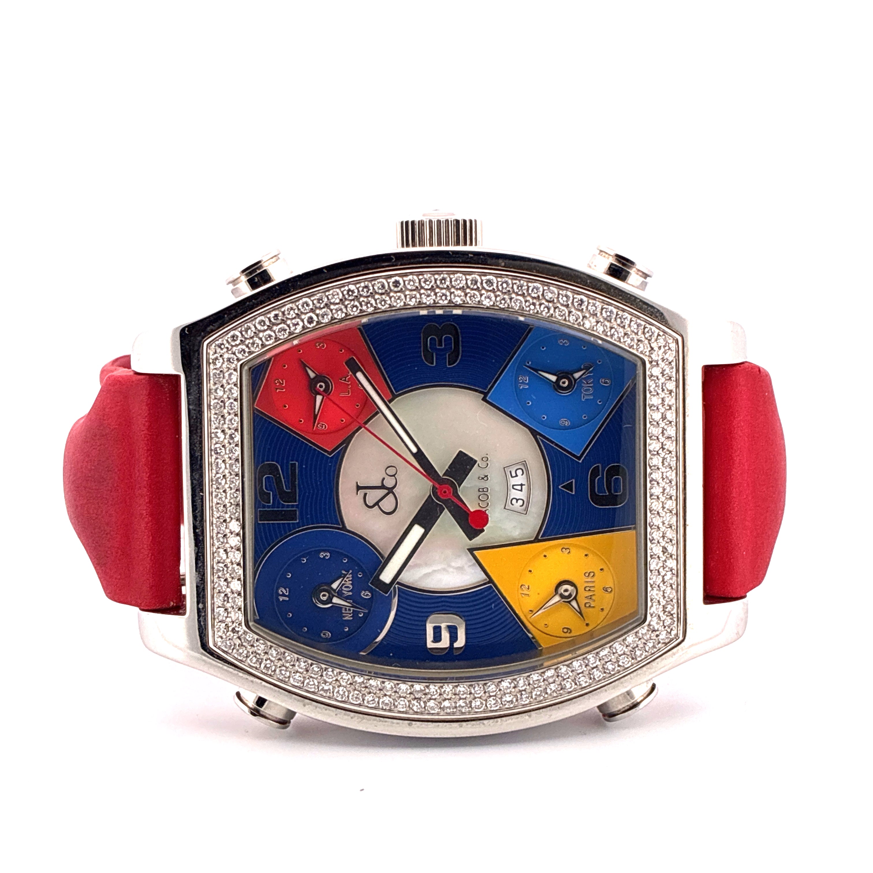 Jacob & Co Five Time Zone Tonneau, Edelstahl, Diamantlünette, rotes Band, bunte Zeitzonenanzeigen
