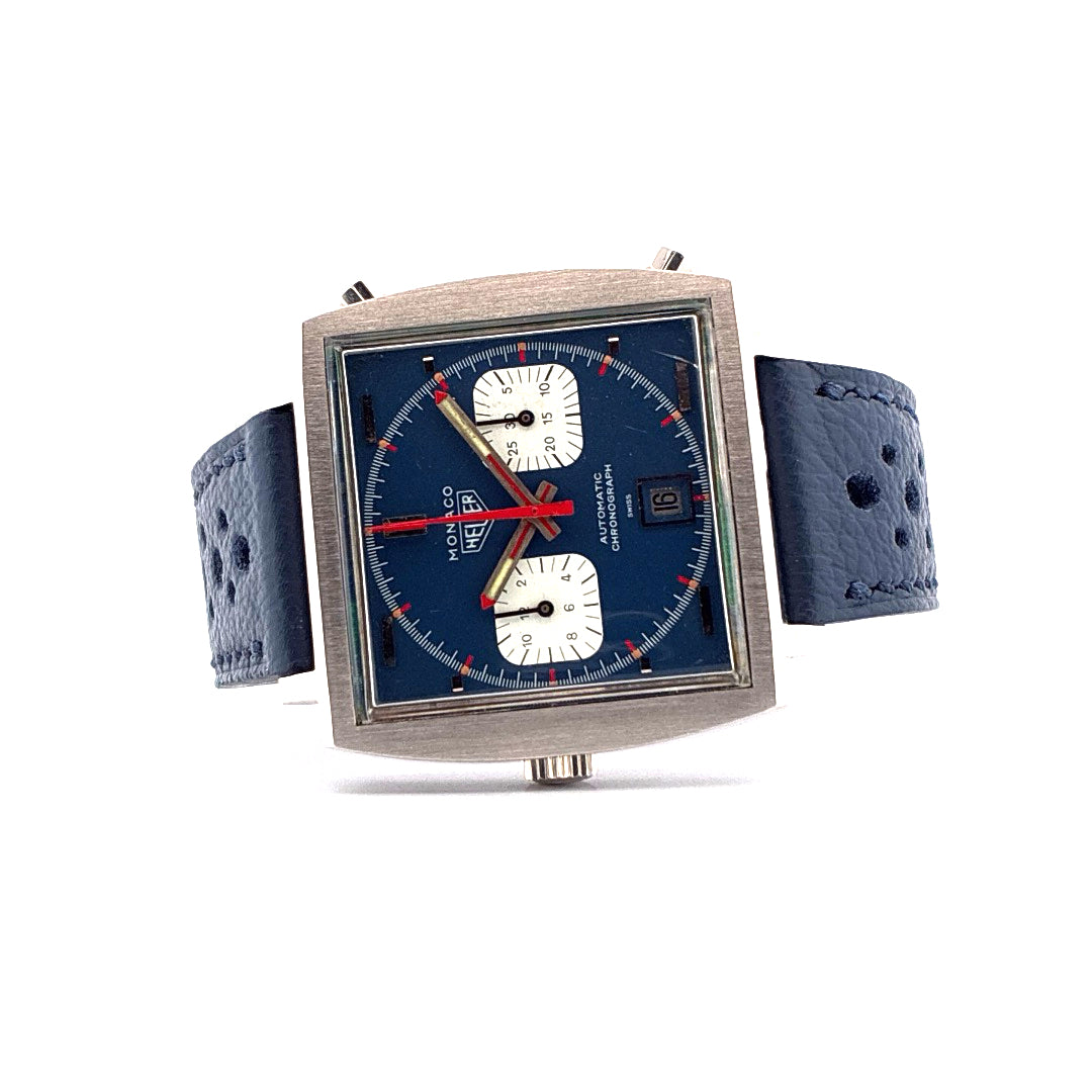 Tag Heuer Monaco Calibre 11 Chronograph mit blauem Zifferblatt und Lederarmband