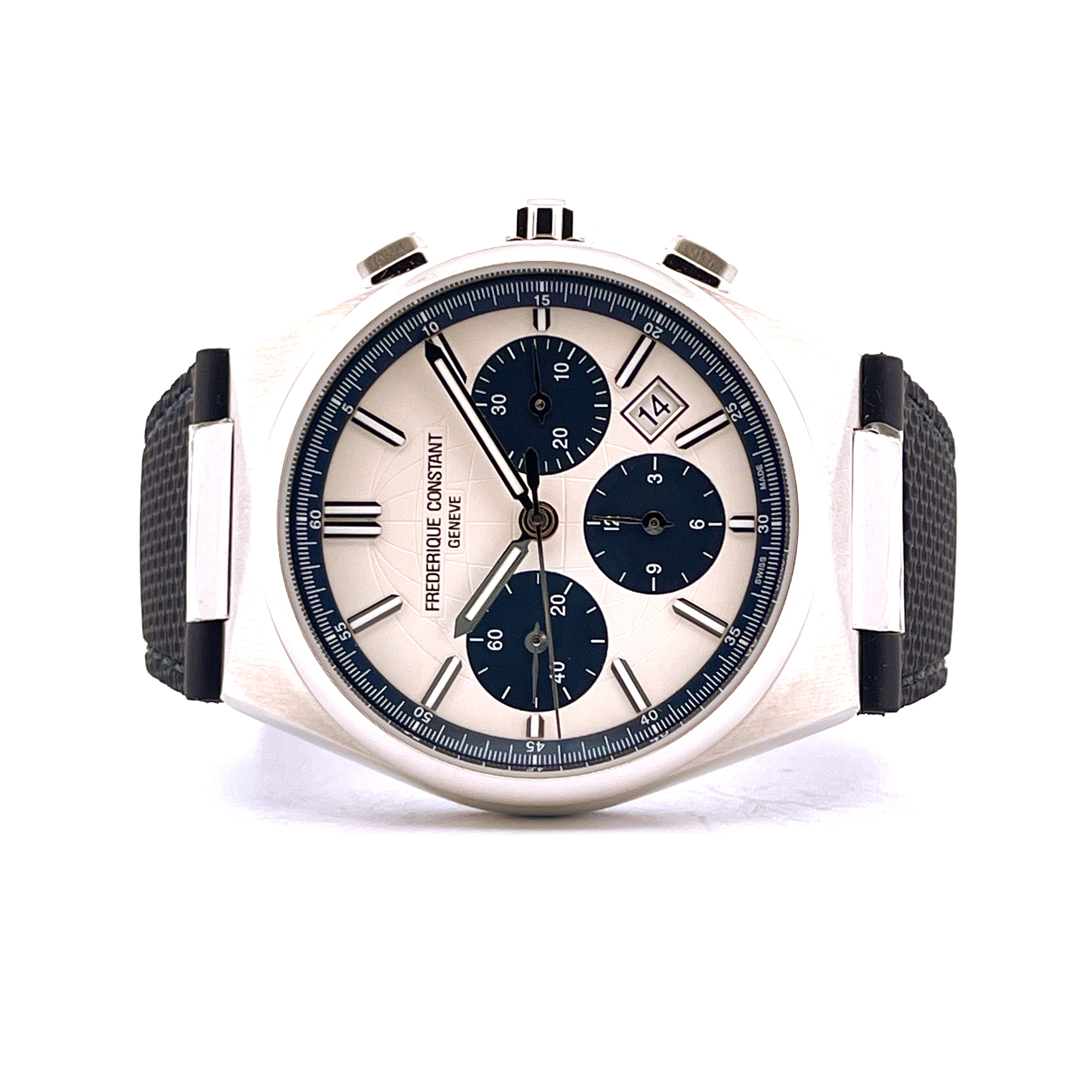 Frederique Constant Highlife Chronograph Edelstahl Automatik mit weißem Zifferblatt und schwarzem Armband auf weißem Hinte…