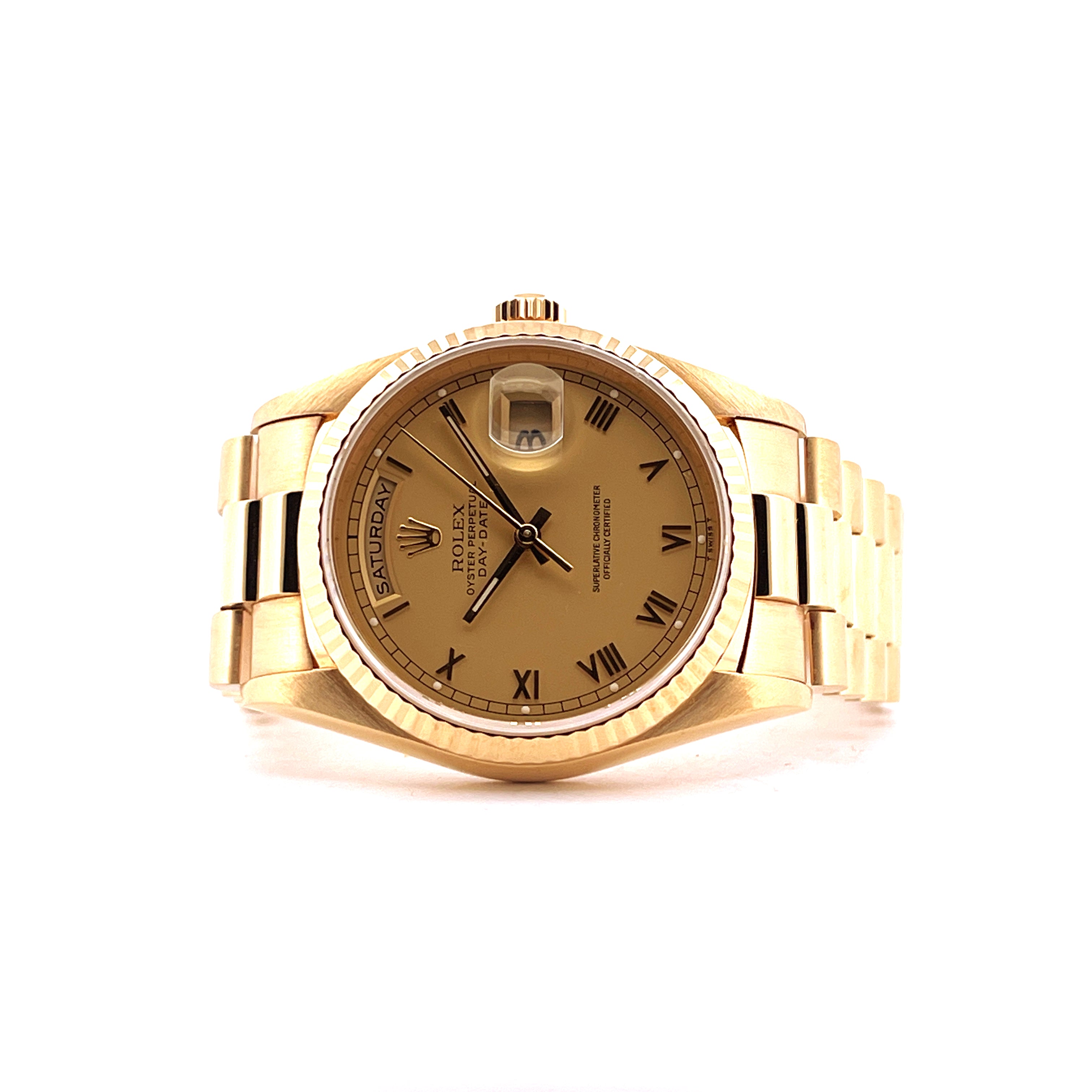 Rolex Day-Date 36mm Gelbgold-Uhr mit römischem Zifferblatt und Lederarmband