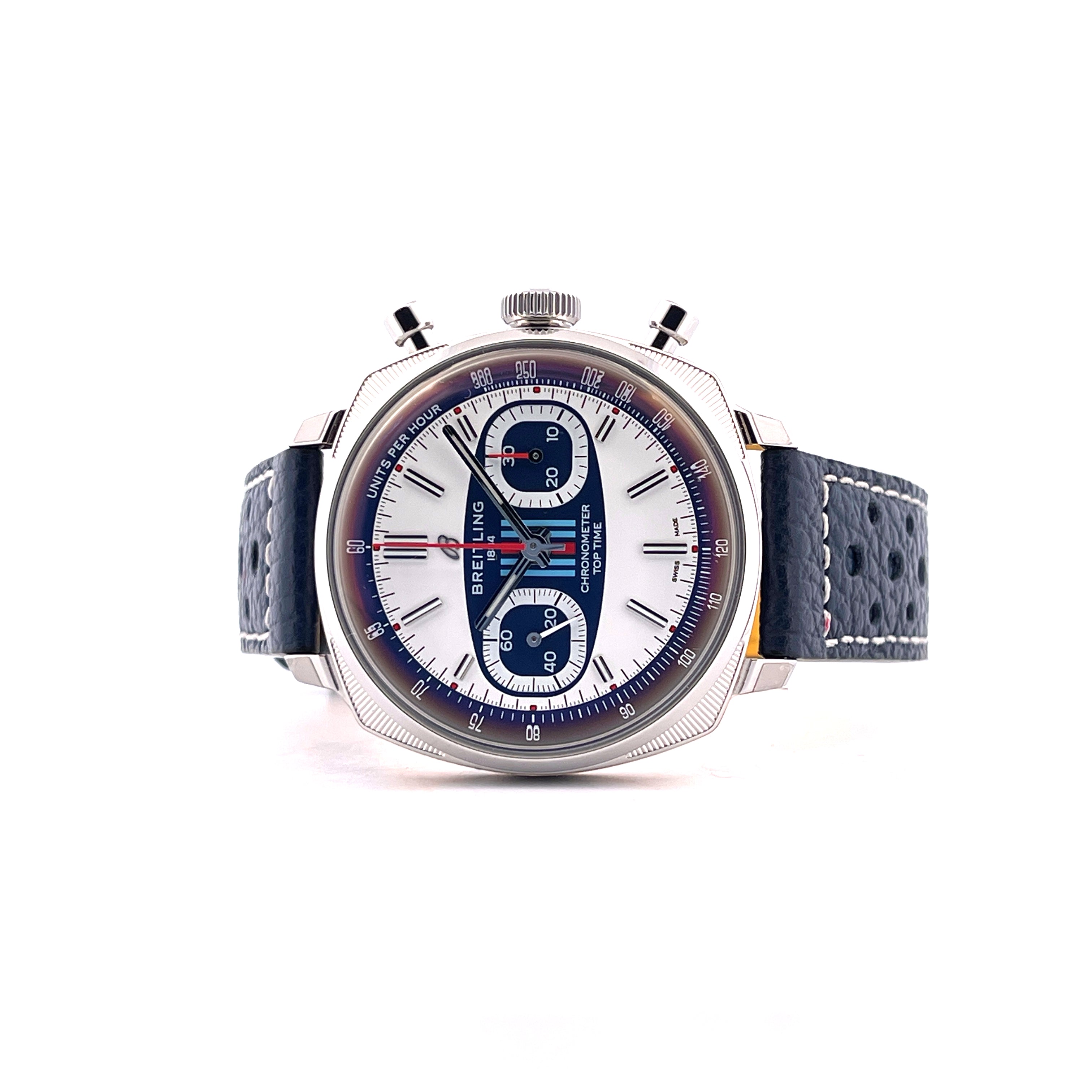 Breitling Top Time B01 Martini Racing Chronograph mit blauem Lederband und weißem Zifferblatt