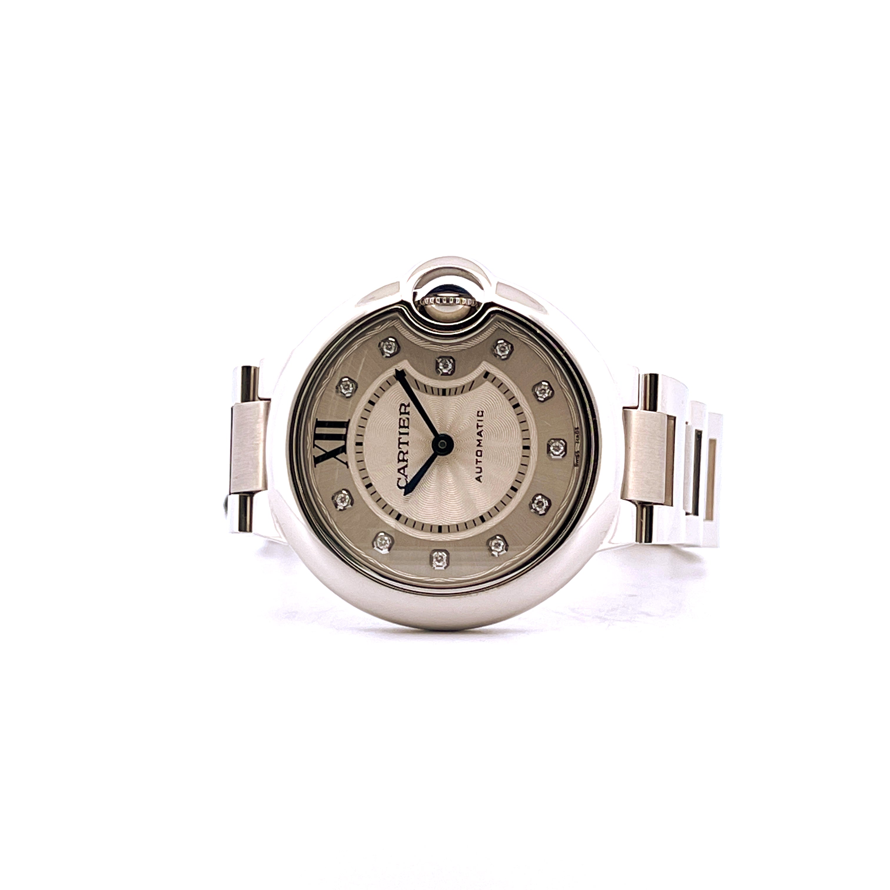 Cartier Ballon Bleu 33mm Automatik Edelstahl Uhr mit silbernem Zifferblatt und Diamanten