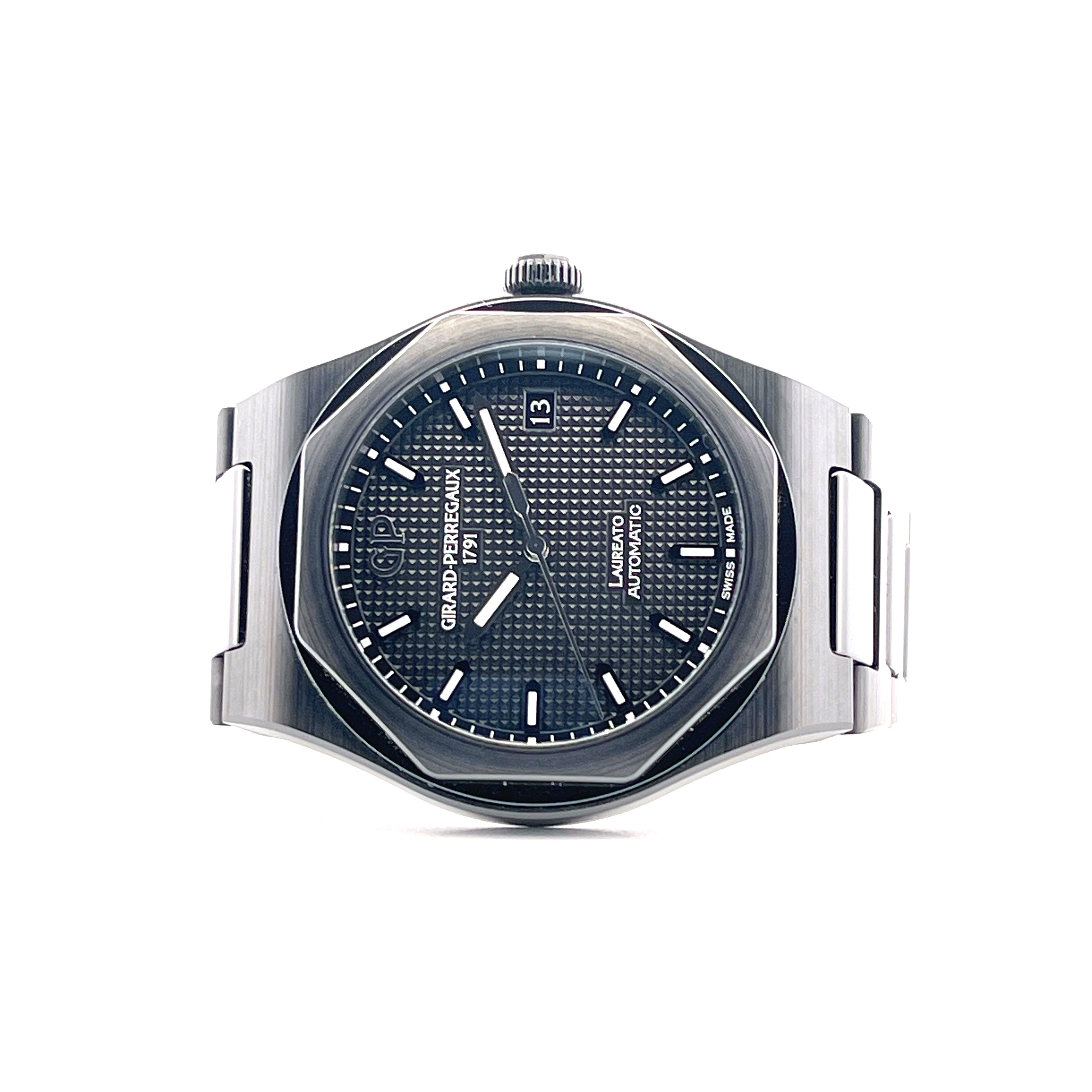 Girard Perregaux Laureato 38 Ceramic Automatik Herrenuhr mit strukturiertem Zifferblatt und Sichtdatum
