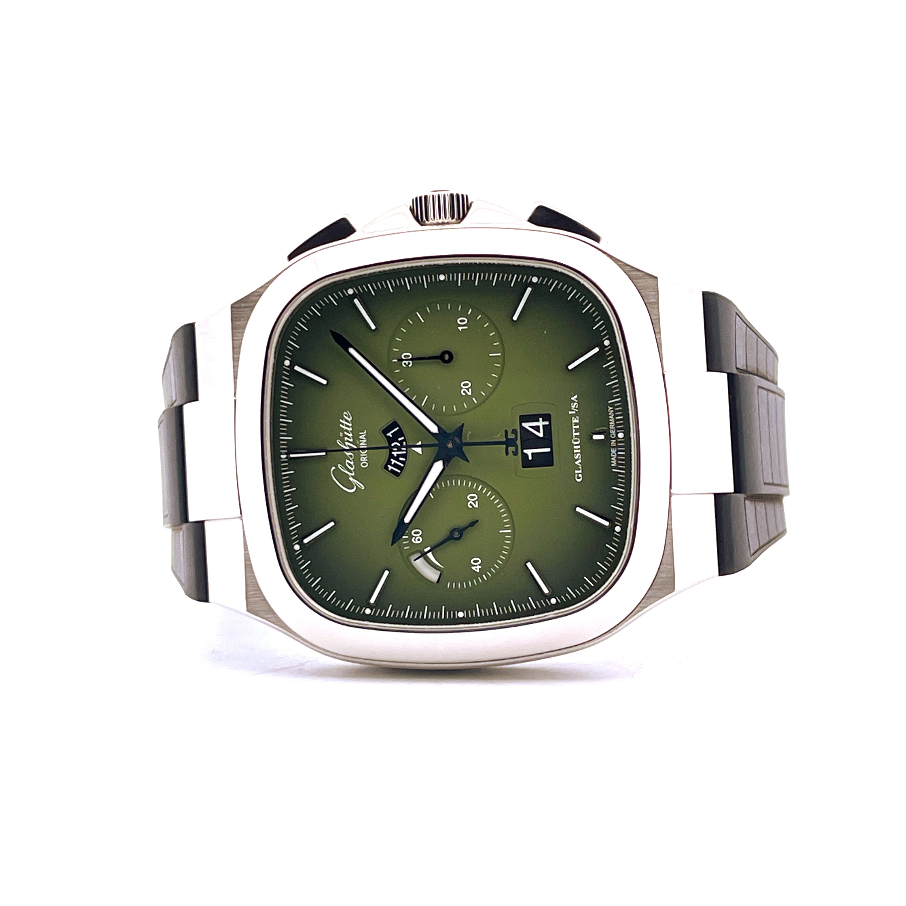 Glashütte Original Seventies Chronograph Panoramadatum, Frontansicht, Edelstahl, grünes Zifferblatt