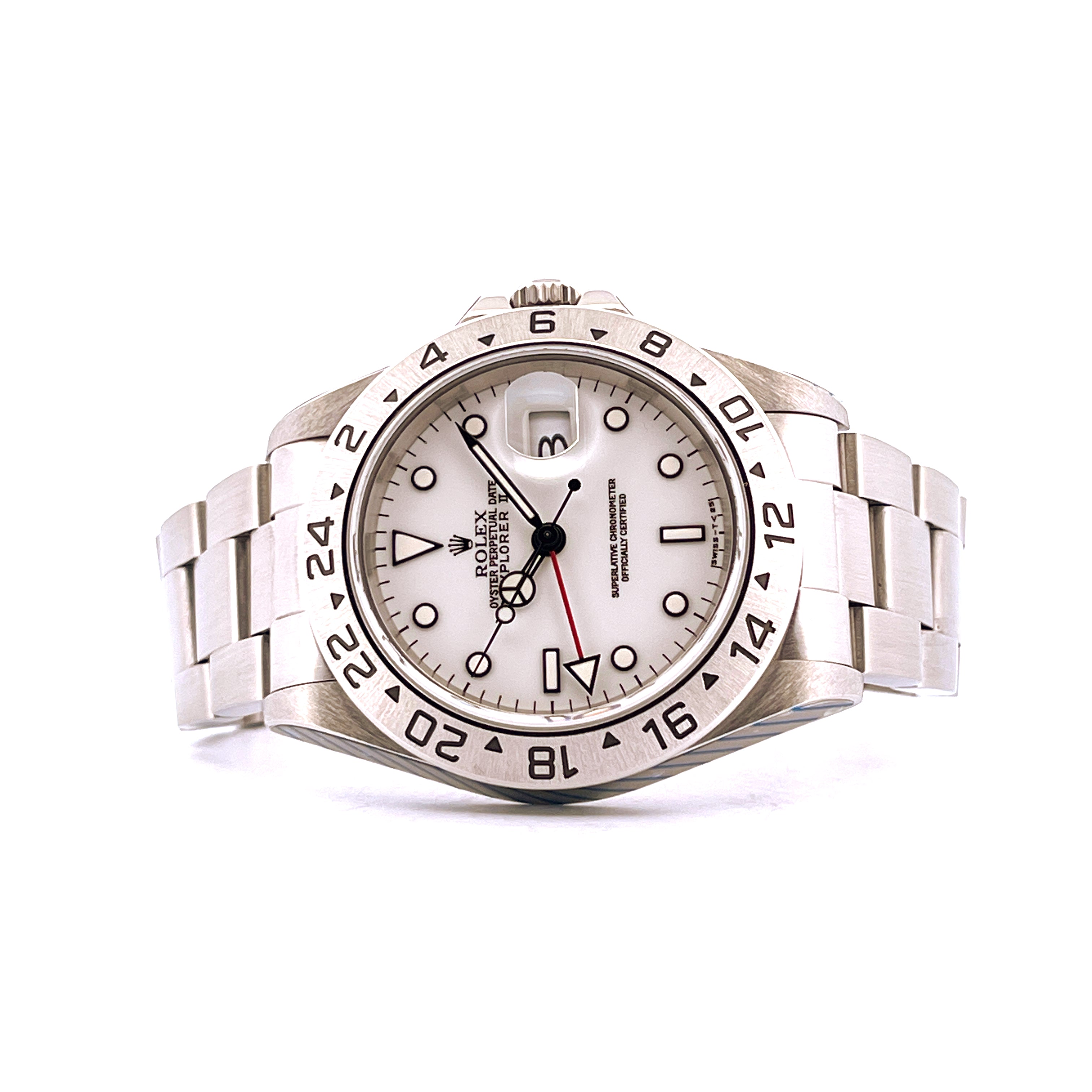 Rolex Explorer II Polar White 16570 im Frontal-Seitenprofil mit Stahlarmband und weißem Zifferblatt auf weißem Hintergrund
