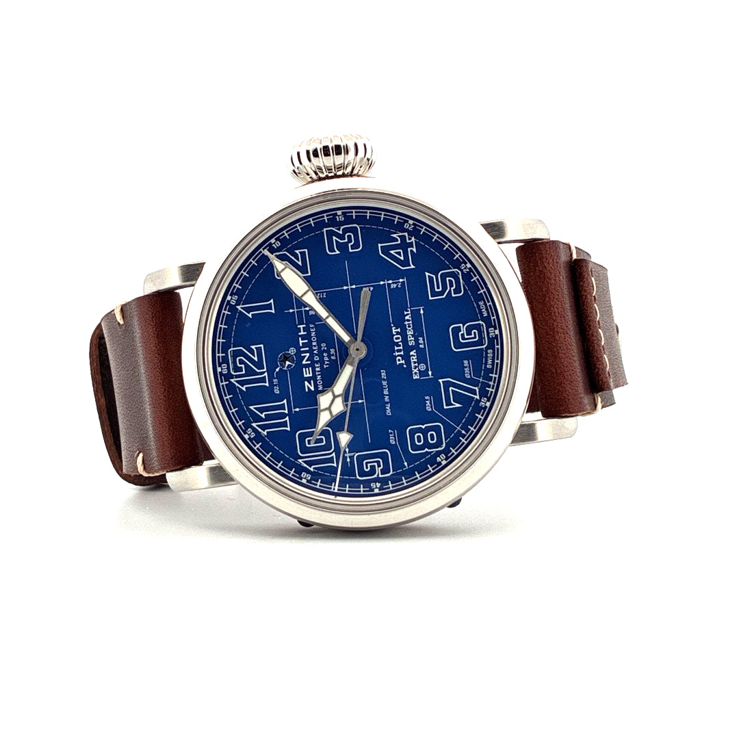 Zenith Pilot Type 20 Blueprint Limited Edition 45mm Uhr mit blauem Zifferblatt und braunem Lederarmband