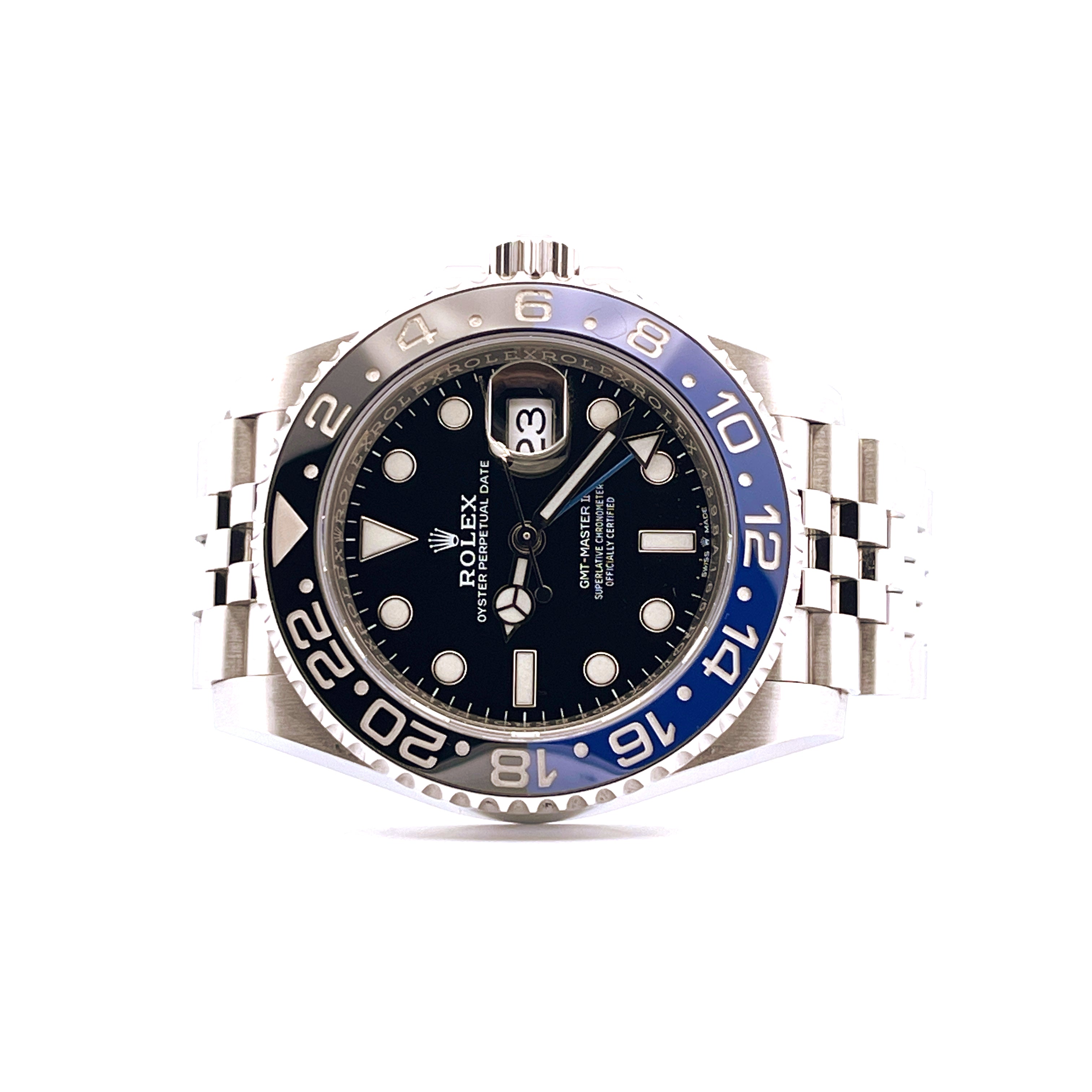 Rolex GMT-Master II Batgirl Jubilee mit schwarzem Zifferblatt und blau-schwarzer Lünette