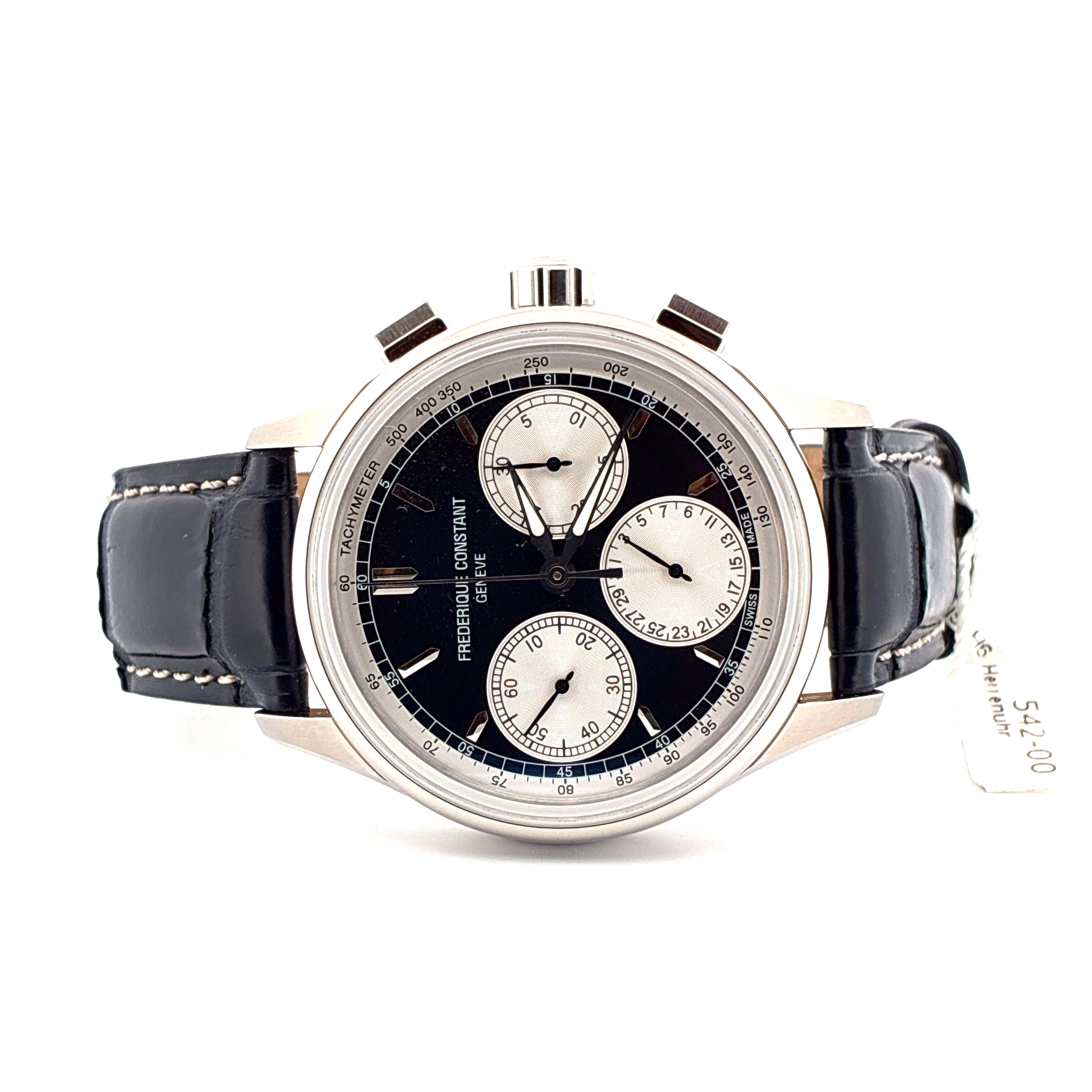 Frederique Constant Manufacture Flyback Chronograph 41 mm Edelstahl mit schwarzem Zifferblatt und Lederarmband