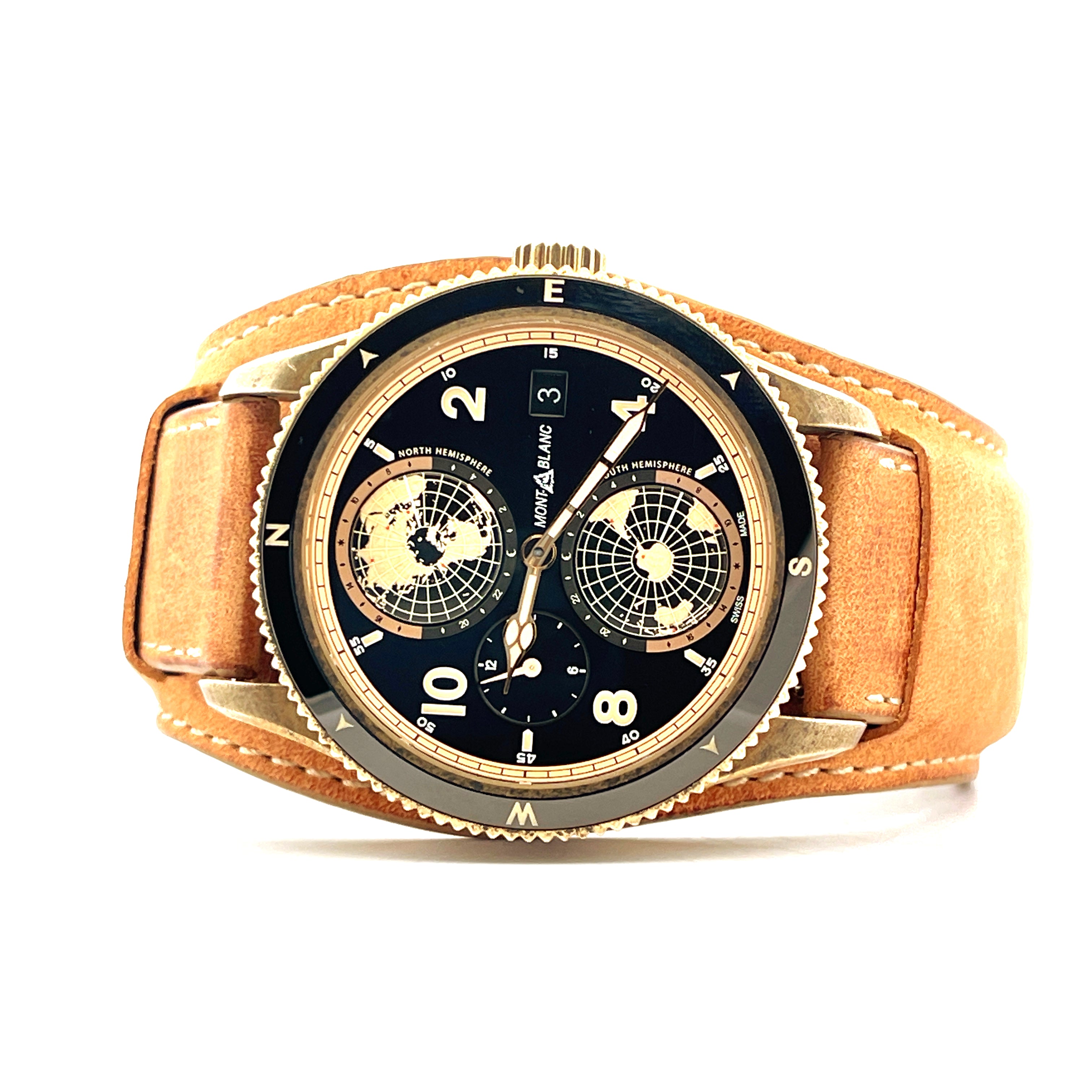 Montblanc 1858 Geosphere aus Bronze mit Weltkarten-Zifferblatt und braunem Lederarmband