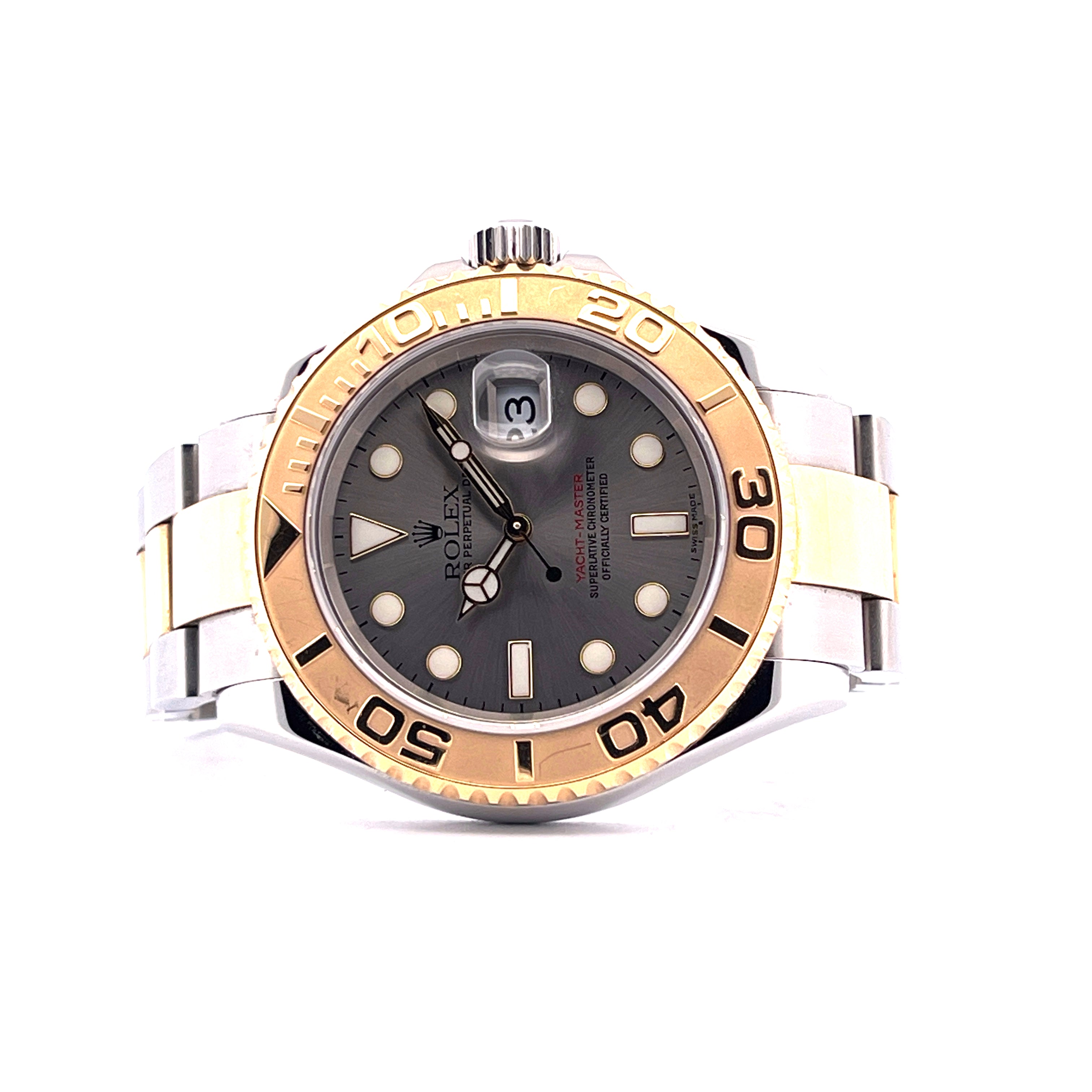 Rolex Yacht-Master 16623 aus Edelstahl und Gelbgold mit grauem Zifferblatt Vorderansicht
