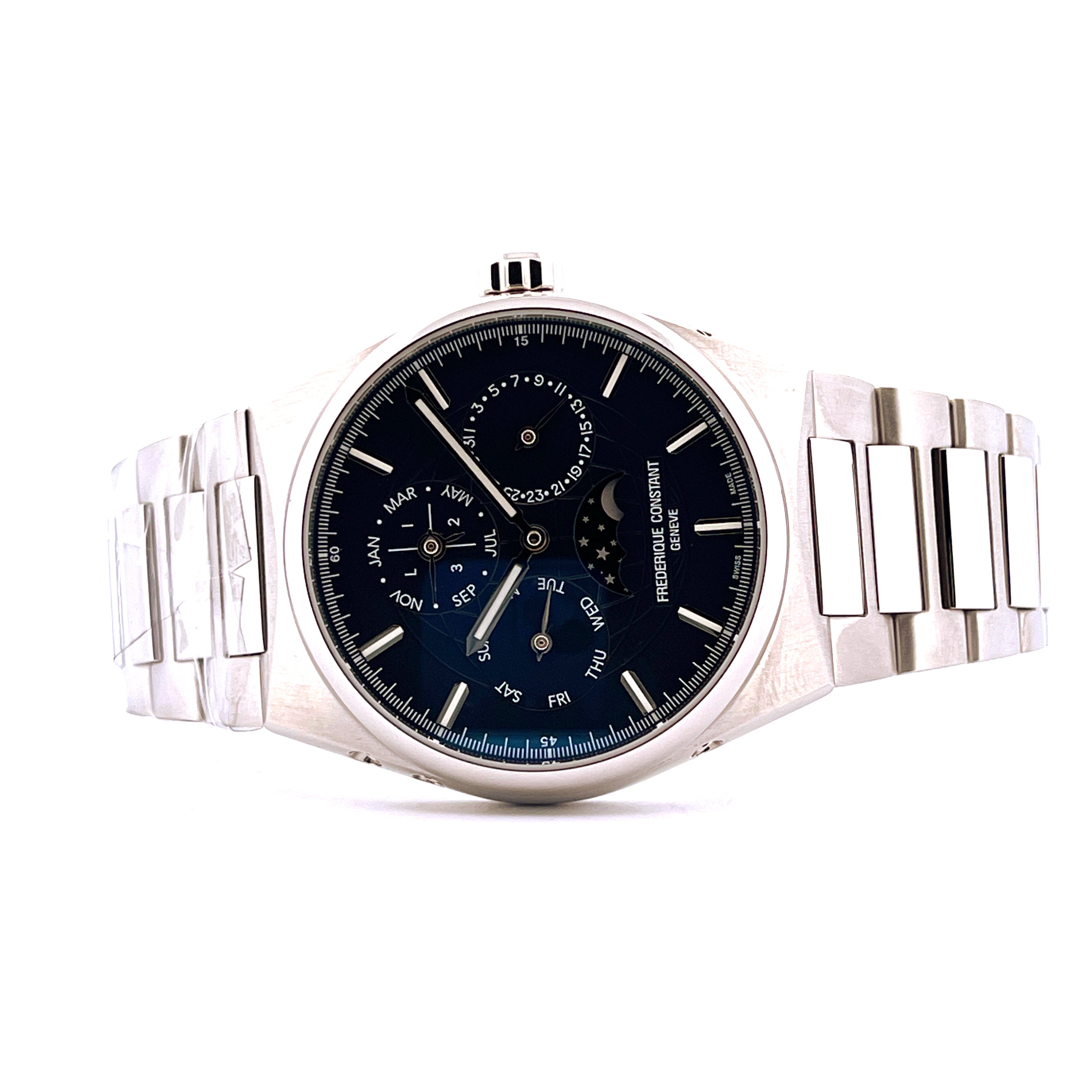 Frederique Constant Highlife Perpetual Calendar Automatik Stahl Blau Mondphase Frontansicht