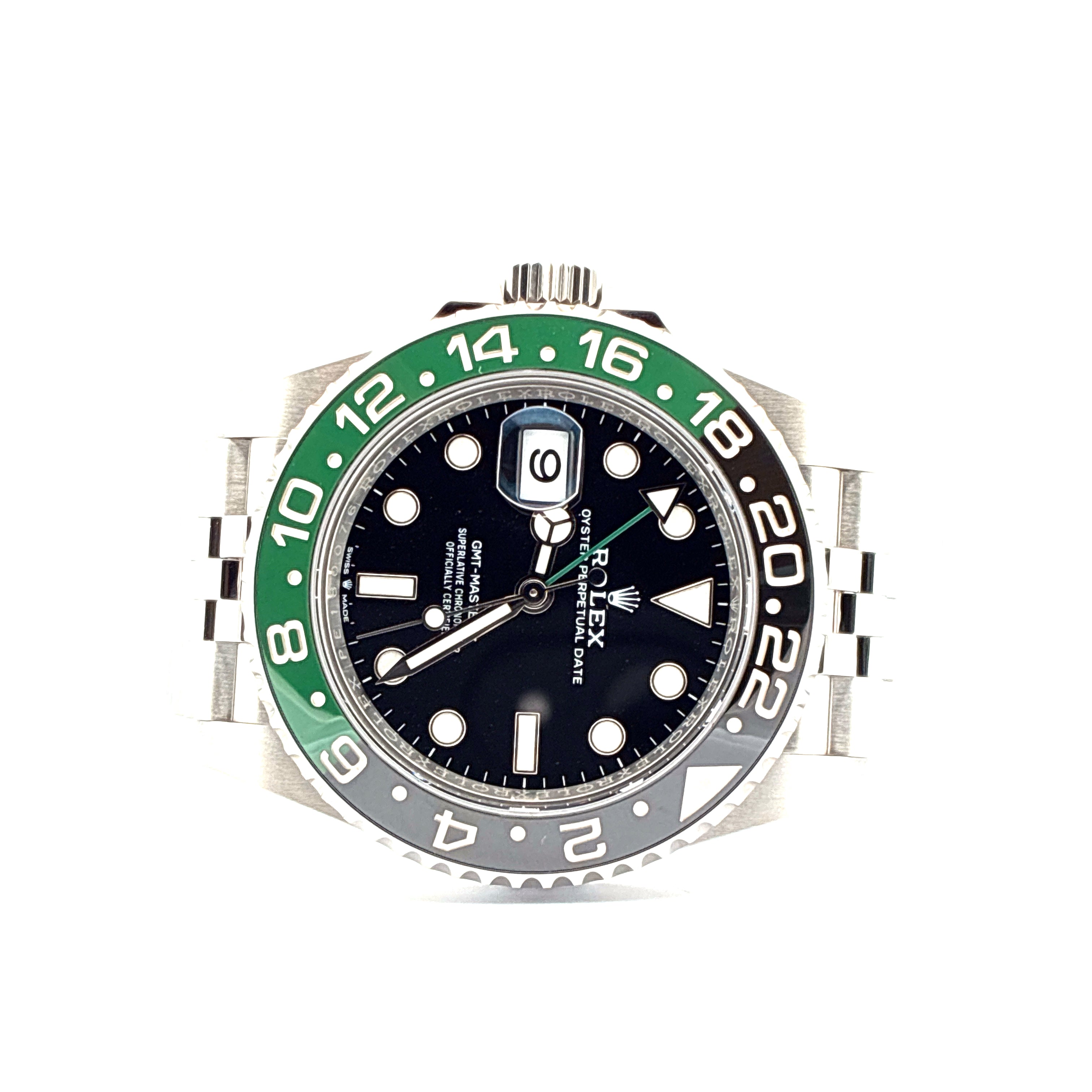 Rolex GMT-Master II Sprite im Frontalansicht mit schwarzem Zifferblatt und grün-grauer Lünette