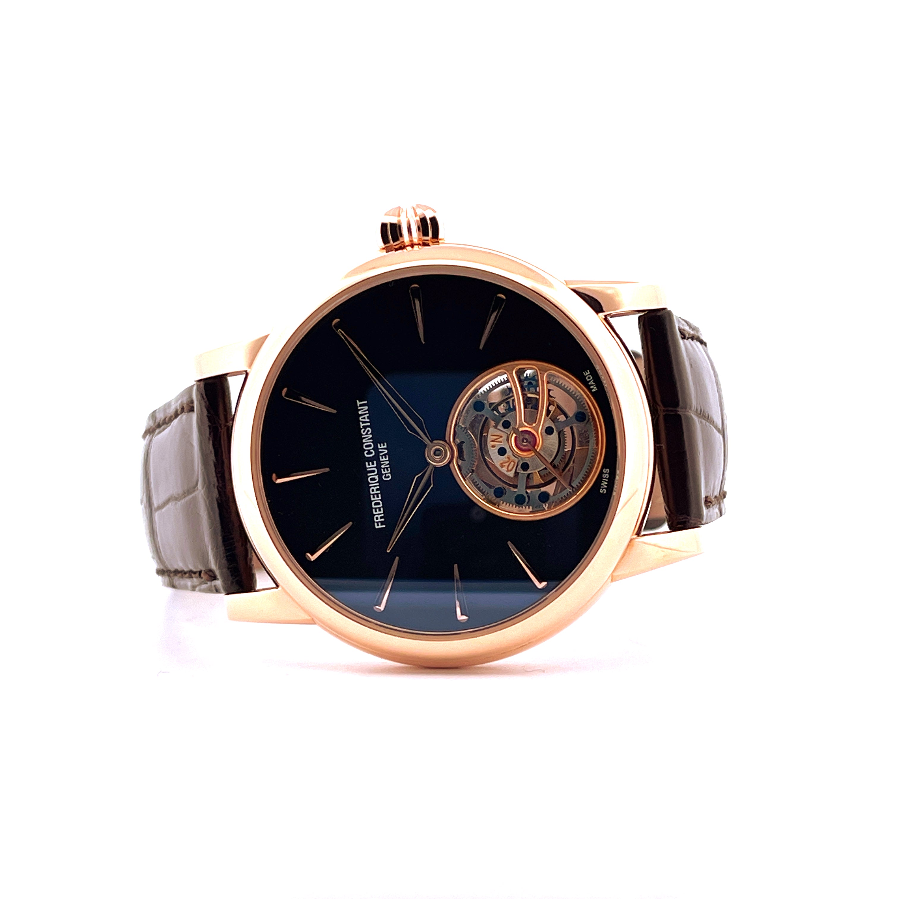 Frederique Constant Manufacture Classic Tourbillon Roségold auf weißem Hintergrund mit braunem Lederarmband