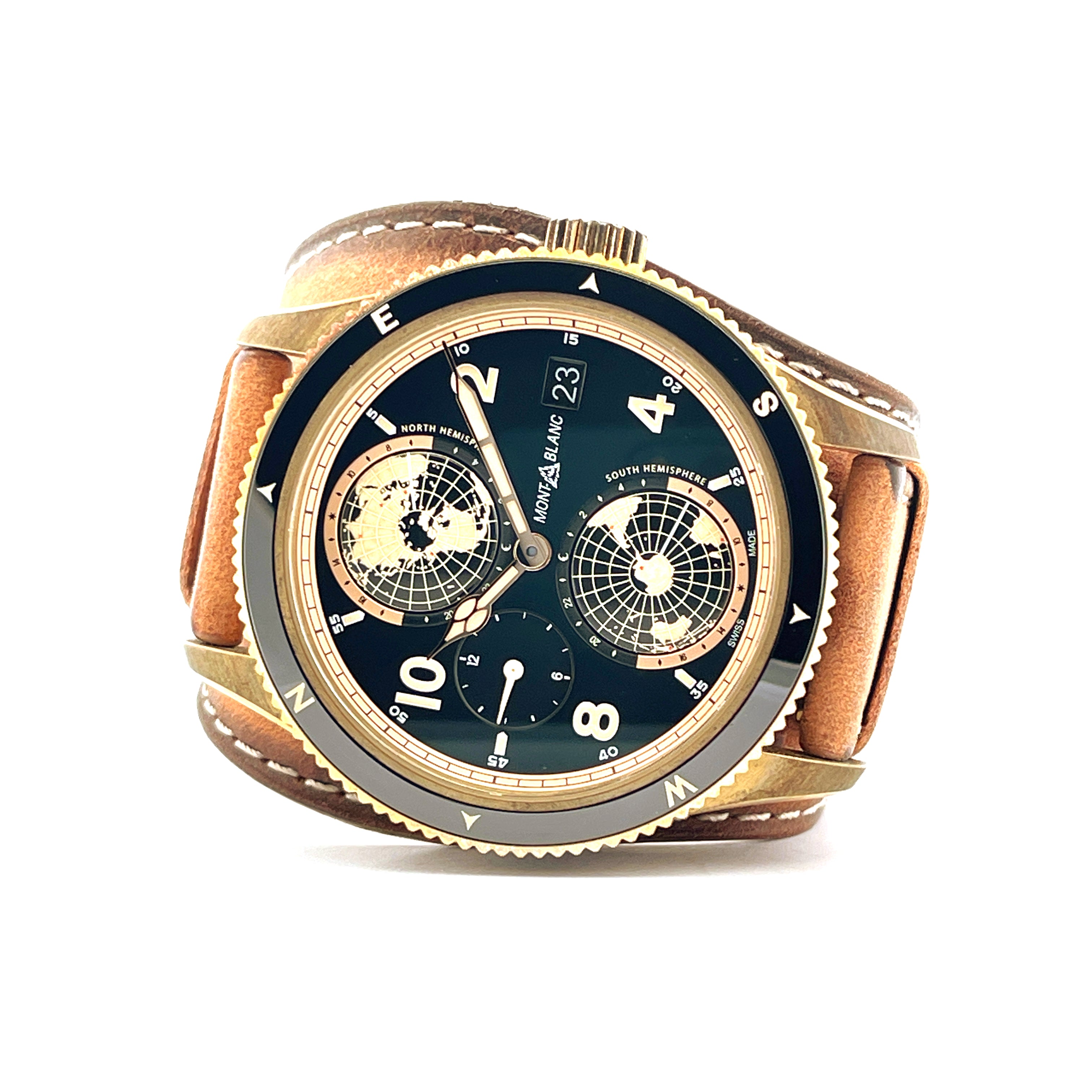 Montblanc 1858 Geosphere 2023 Bronze mit Globus-Zifferblättern und braunem Lederband