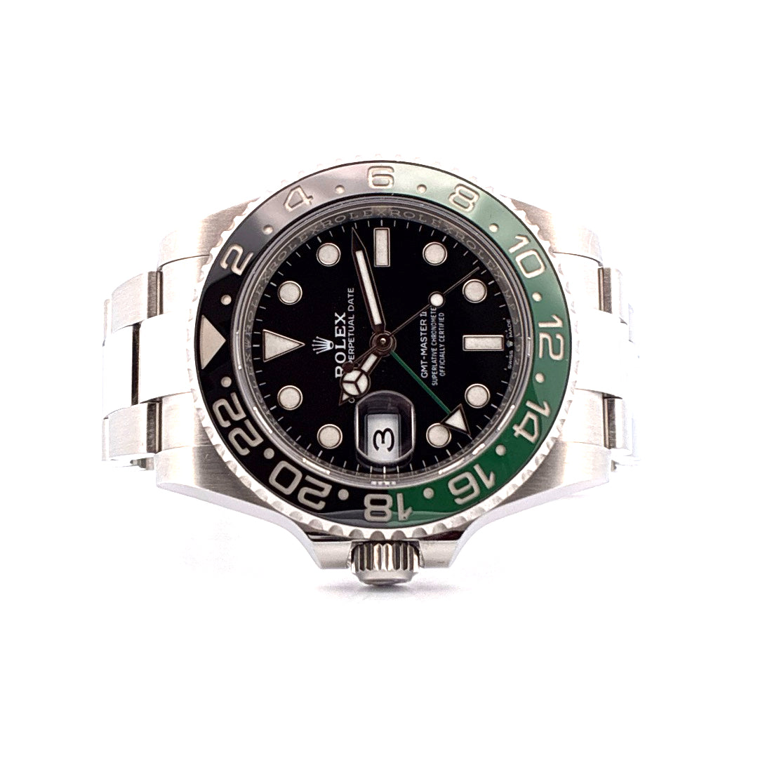 Rolex GMT-Master II Lefthand, eine Edelstahl-Automatik-Uhr mit schwarzem Zifferblatt und grüner/schwarzer Lünette, Frontansicht
