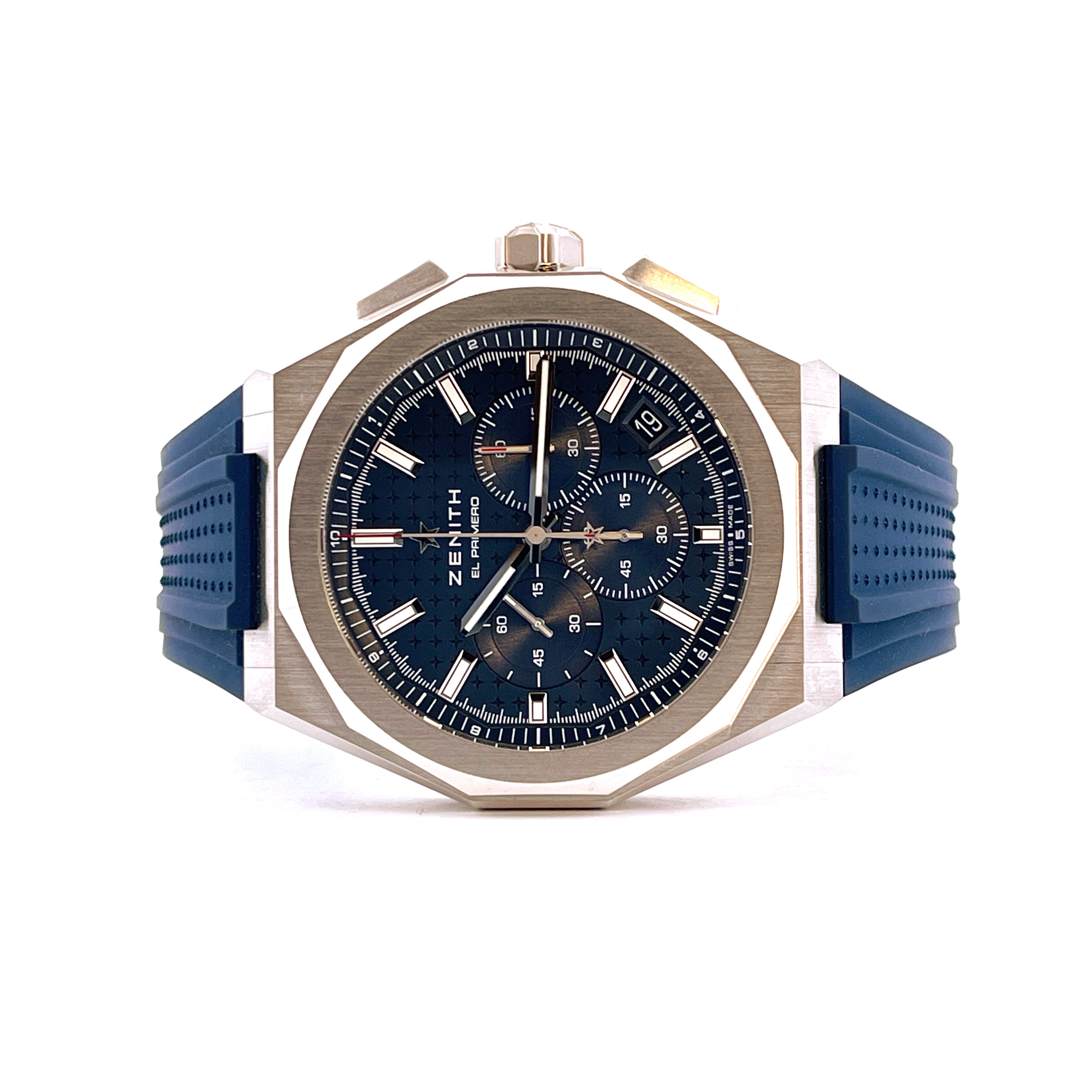 Zenith Defy Skyline Blue Edelstahl Automatik Uhr mit blauem Zifferblatt und blauem Kautschukarmband Frontansicht